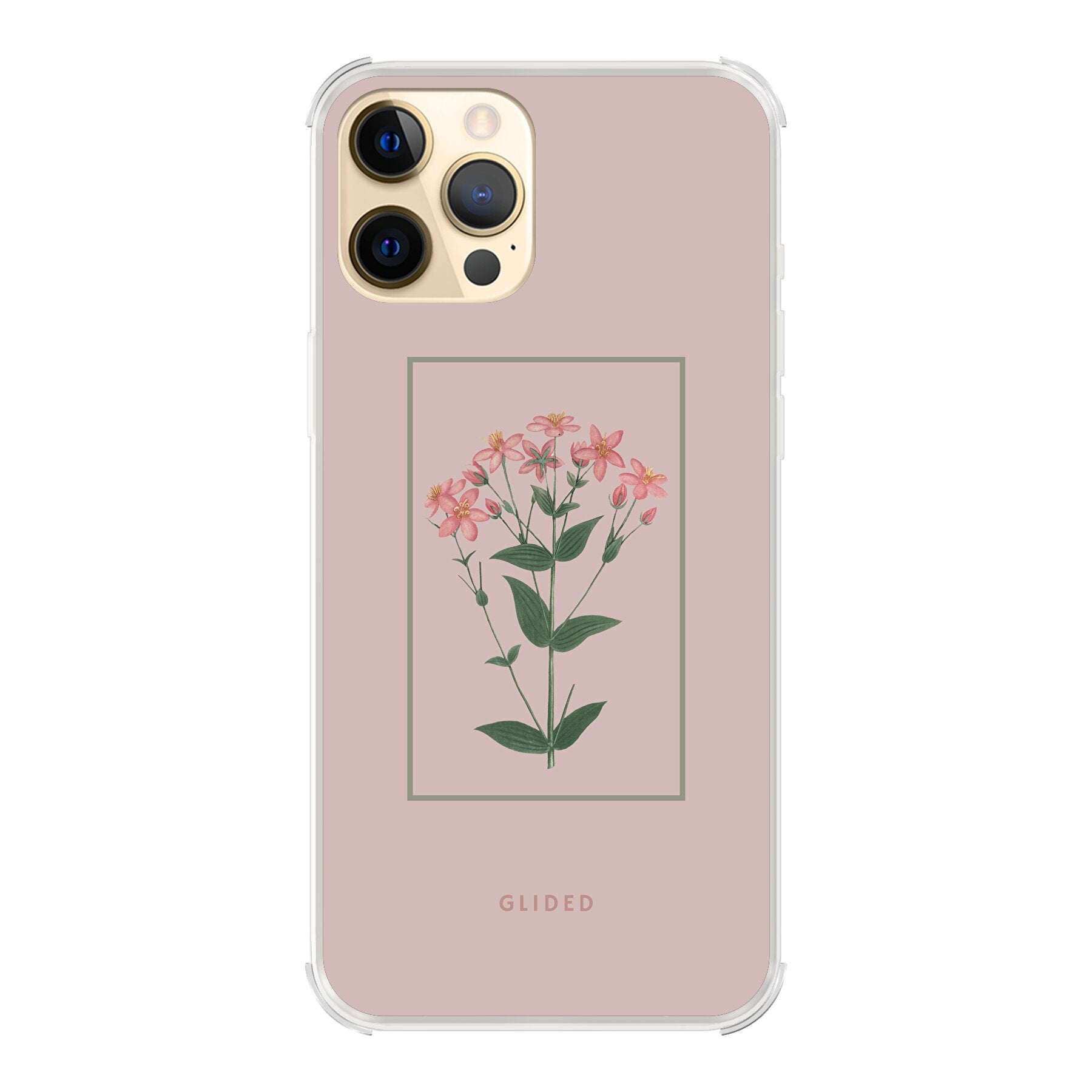 Blossy iPhone 12 Pro Max Handyhülle mit rosafarbenen Blumen auf beigem Hintergrund, stilvoll und schützend.