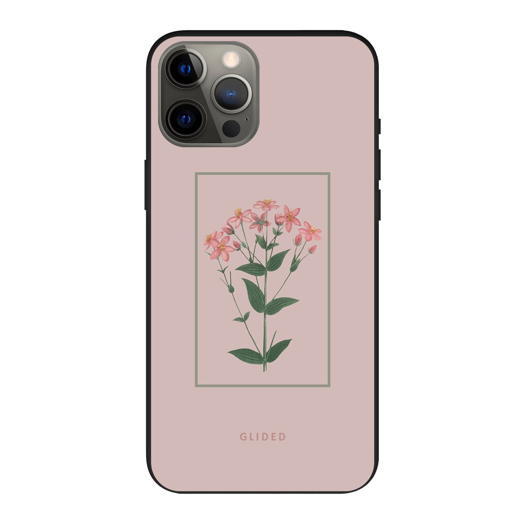 Blossy iPhone 12 Pro Max Handyhülle mit rosafarbenen Blumen auf beigem Hintergrund, stilvoll und schützend.