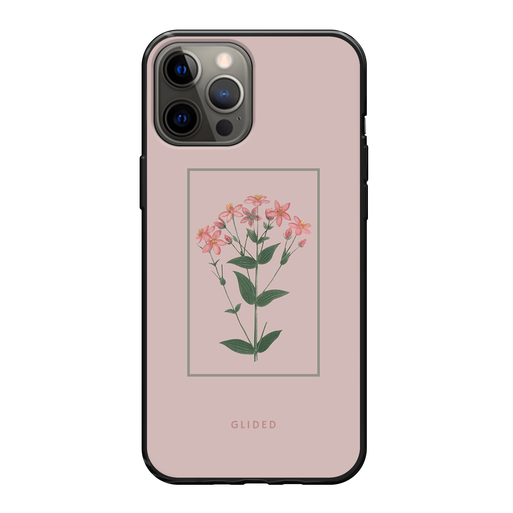 Blossy iPhone 12 Pro Max Handyhülle mit rosafarbenen Blumen auf beigem Hintergrund, stilvoll und schützend.