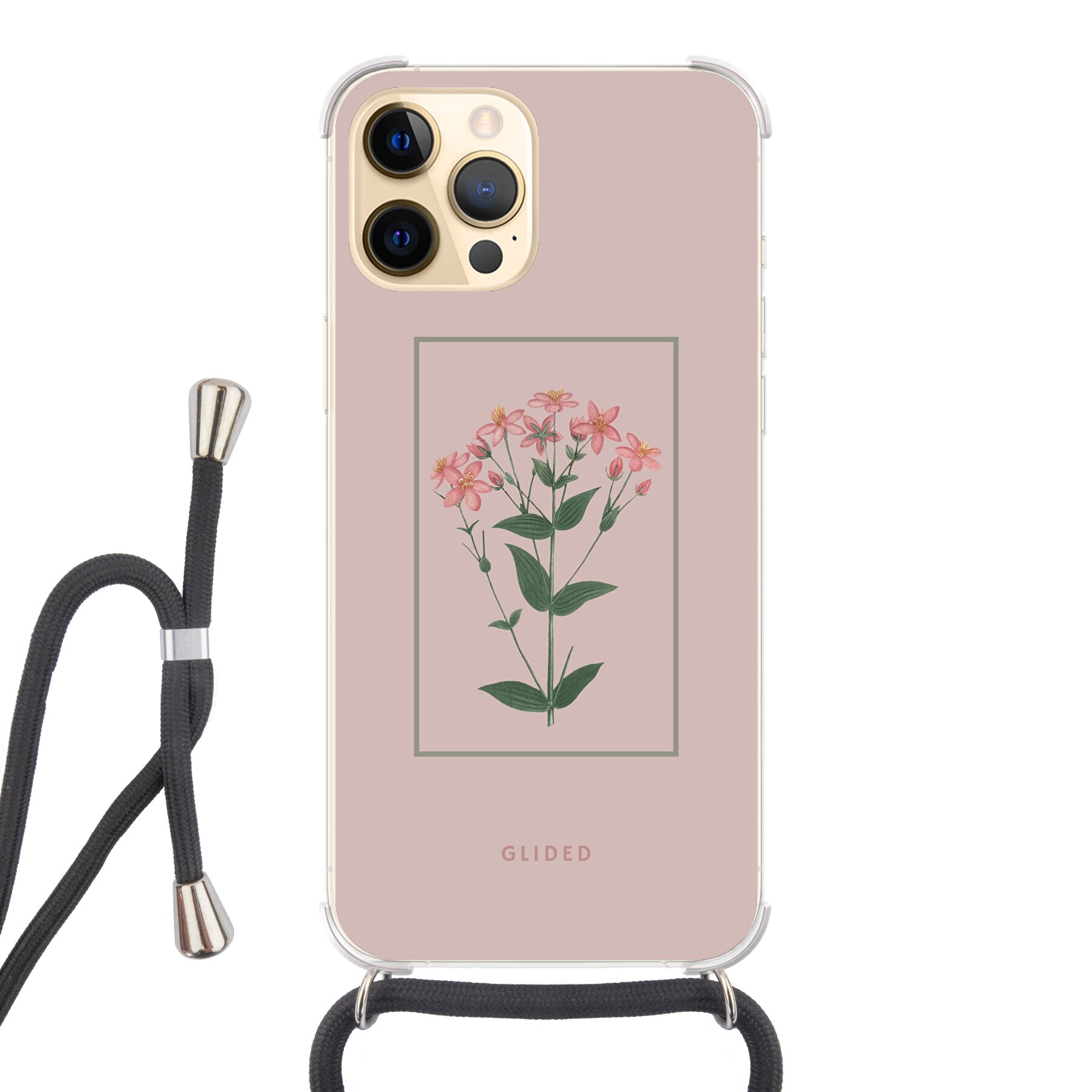 Blossy iPhone 12 Pro Max Handyhülle mit rosafarbenen Blumen auf beigem Hintergrund, stilvoll und schützend.