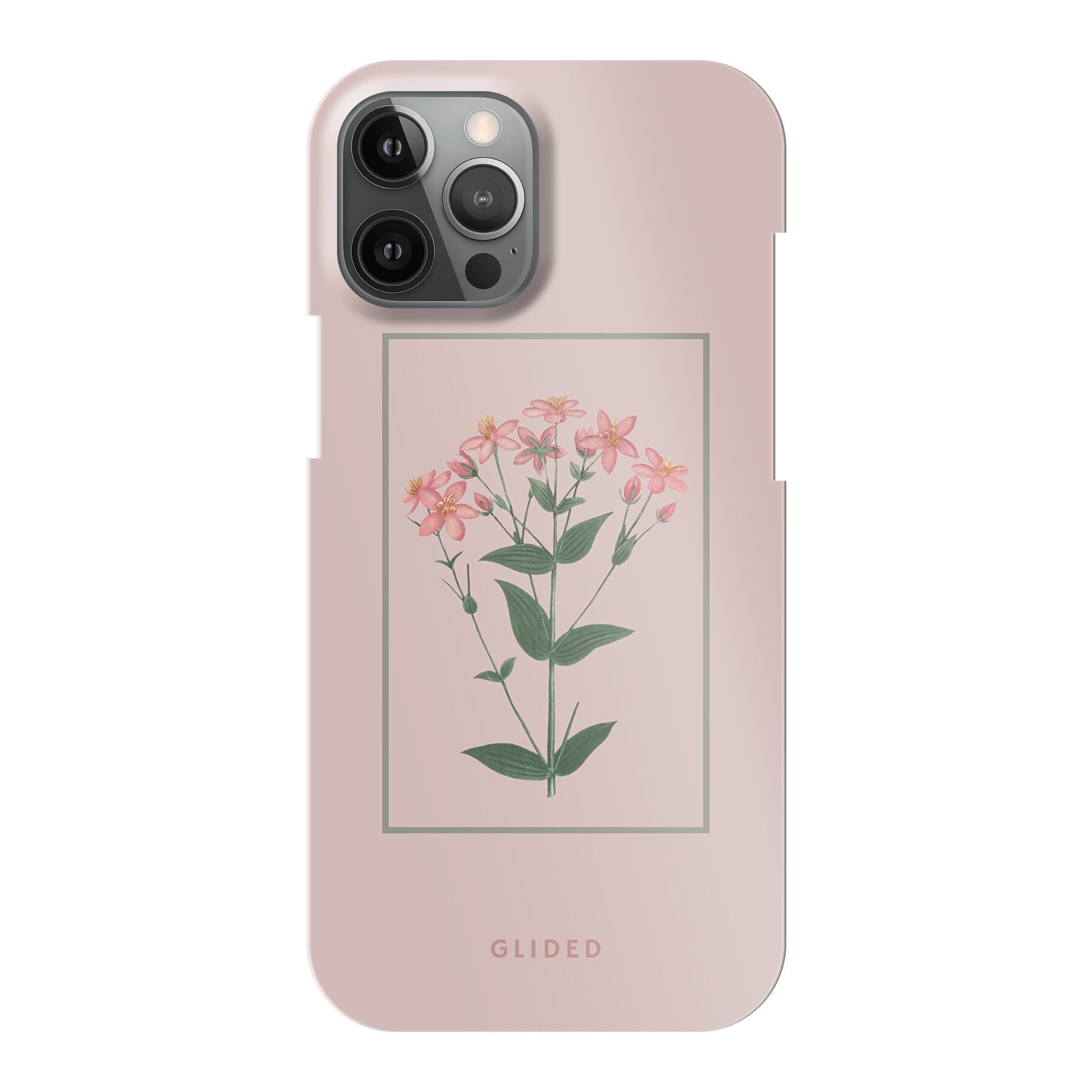 Blossy iPhone 12 Pro Max Handyhülle mit rosafarbenen Blumen auf beigem Hintergrund, stilvoll und schützend.