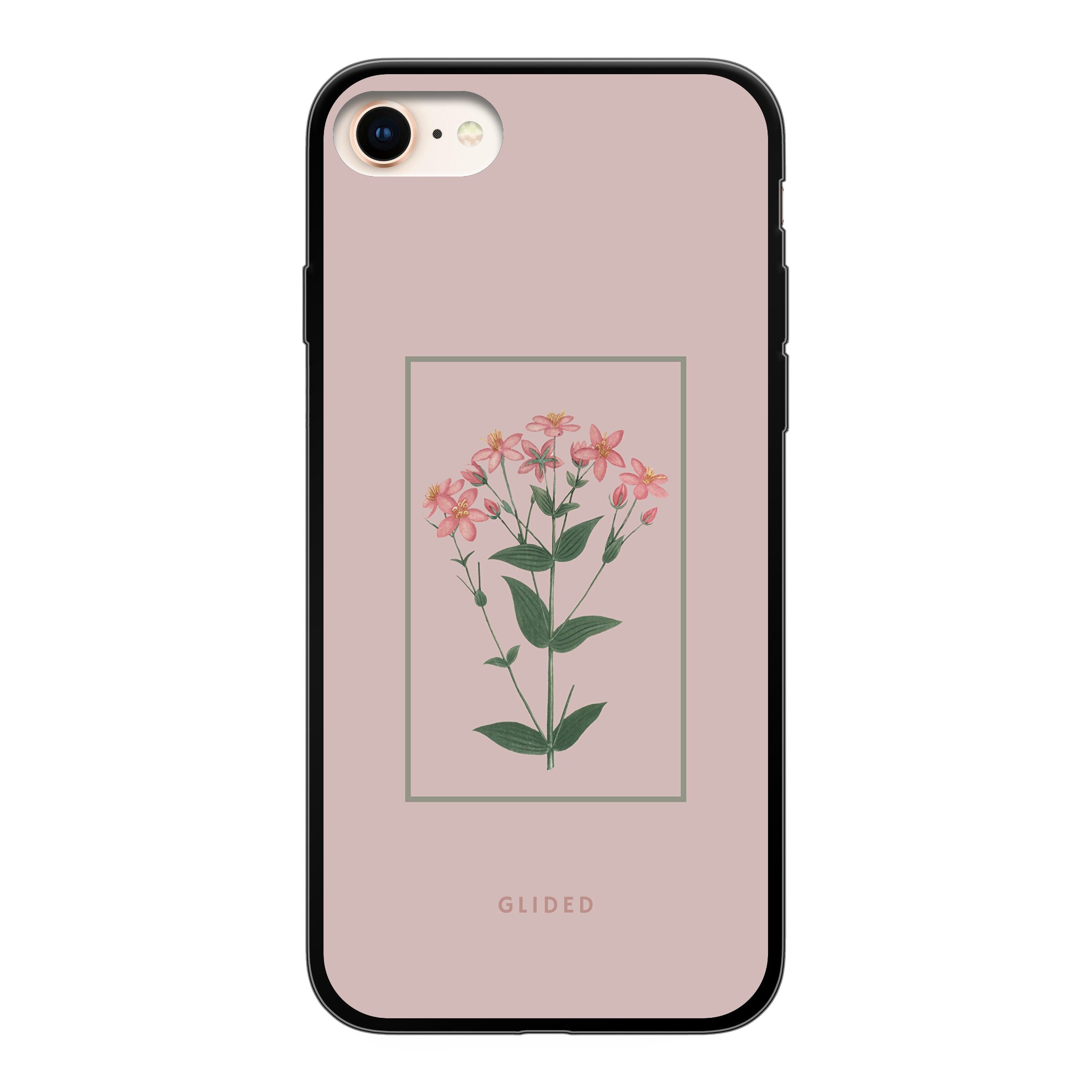 Blossy iPhone 7 Handyhülle mit rosafarbenen Blumen auf beigem Hintergrund, stilvoll und schützend.