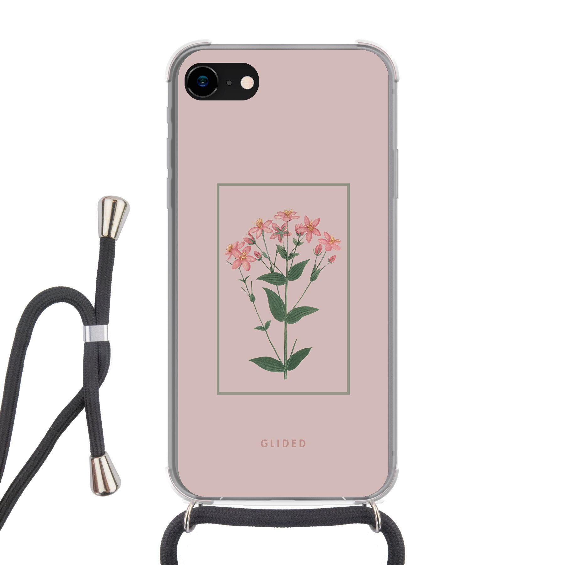 Blossy iPhone 7 Handyhülle mit rosafarbenen Blumen auf beigem Hintergrund, stilvoll und schützend.