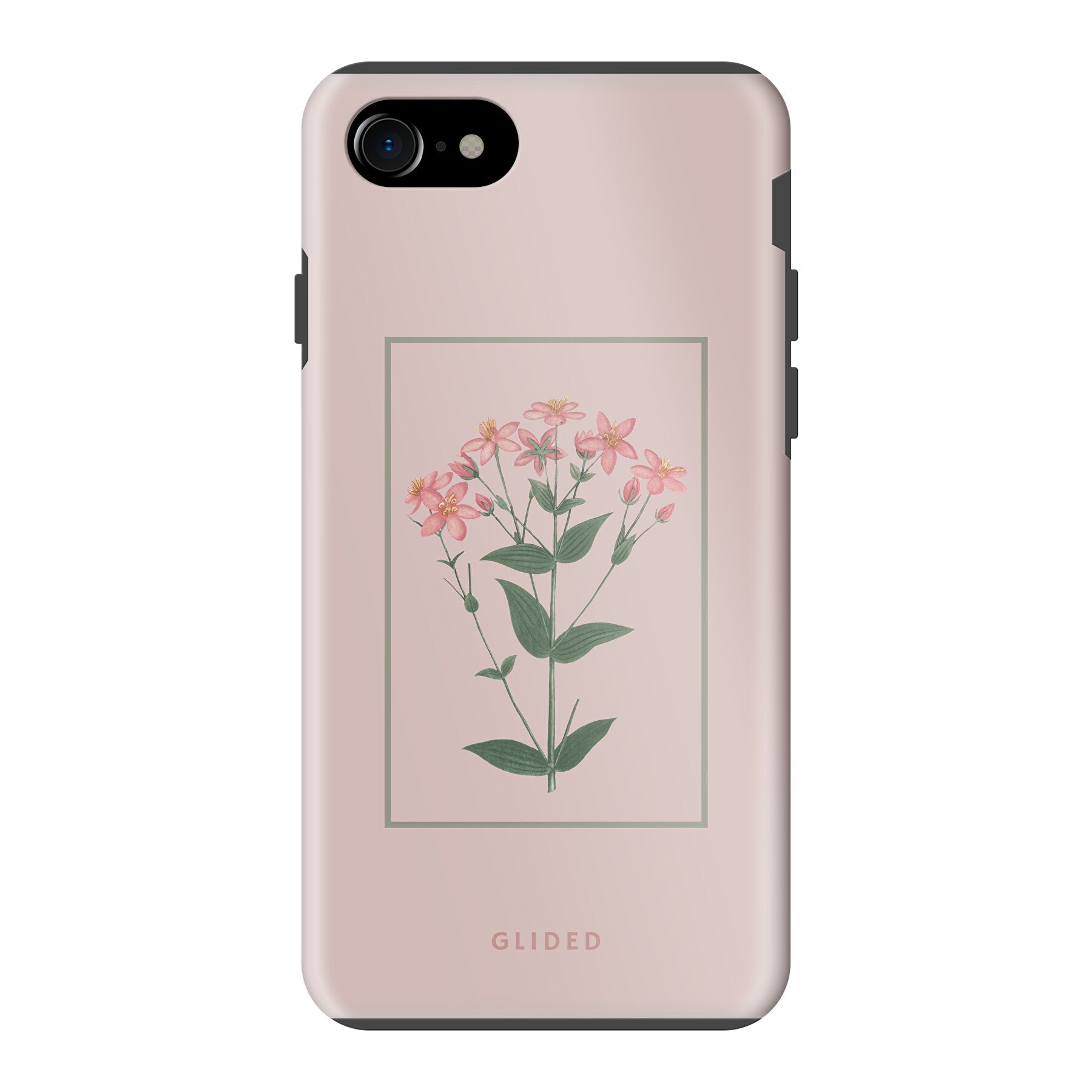 Blossy iPhone SE 2022 Handyhülle mit rosane Blumen auf beigem Hintergrund, stilvoll und schützend.