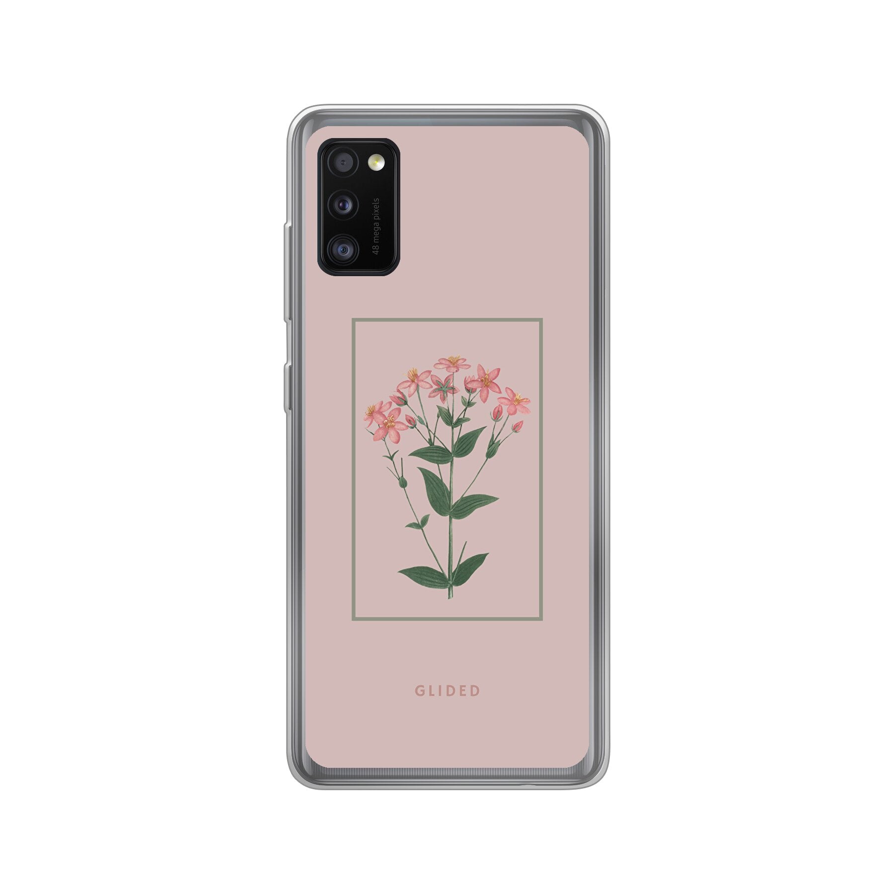 Blossy Samsung Galaxy A41 Handyhülle mit rosafarbenen Blumen auf beigem Hintergrund, stilvoll und schützend.
