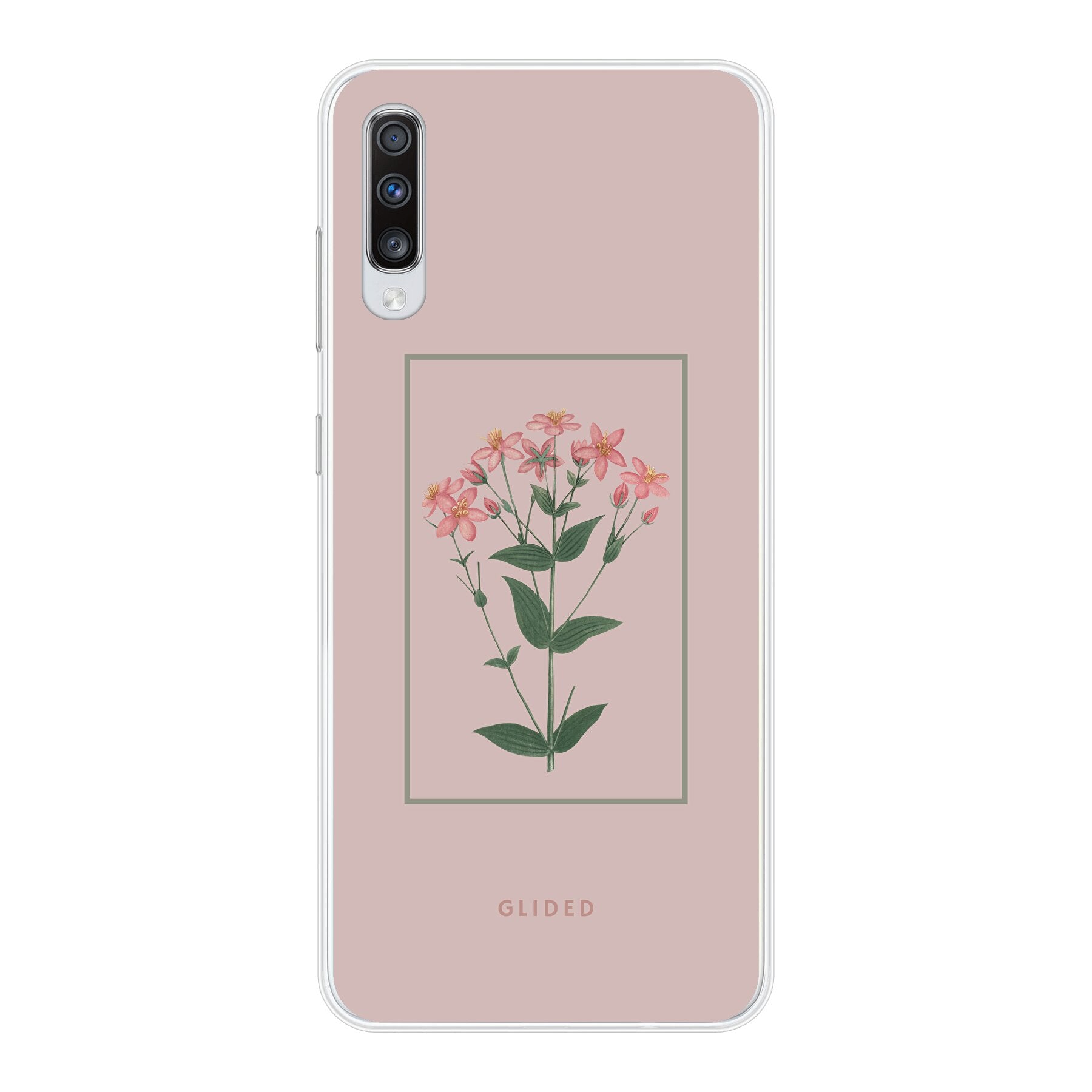 Blossy Samsung Galaxy A70 Handyhülle mit rosafarbenen Blumen auf beigem Hintergrund, stilvoll und schützend.