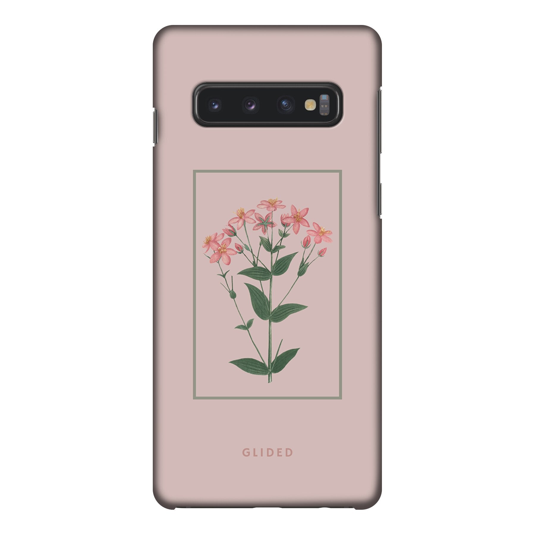 Blossy Samsung Galaxy S10 Handyhülle mit rosafarbenen Blumen auf beigem Hintergrund, stilvoll und schützend.
