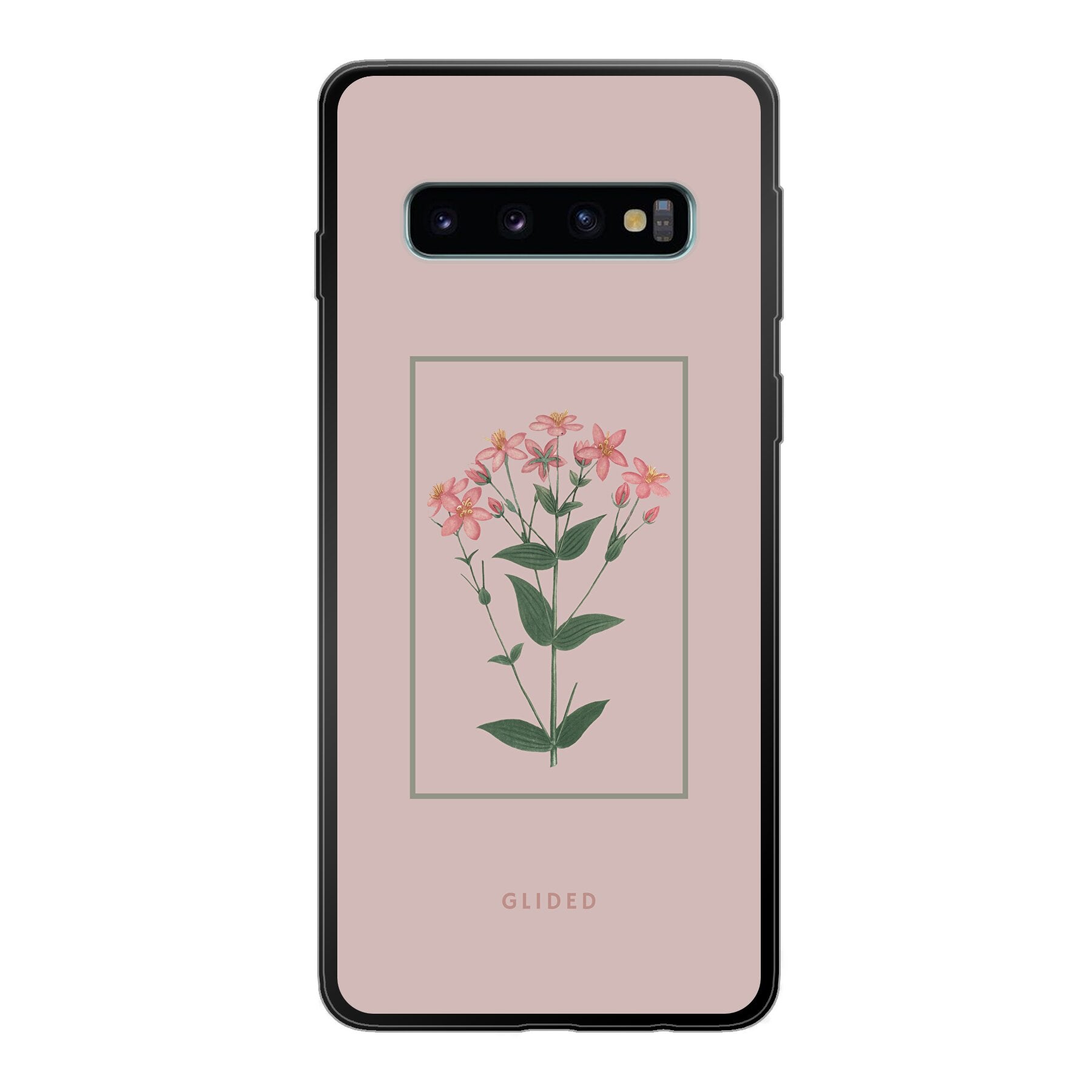 Blossy Samsung Galaxy S10 Handyhülle mit rosafarbenen Blumen auf beigem Hintergrund, stilvoll und schützend.