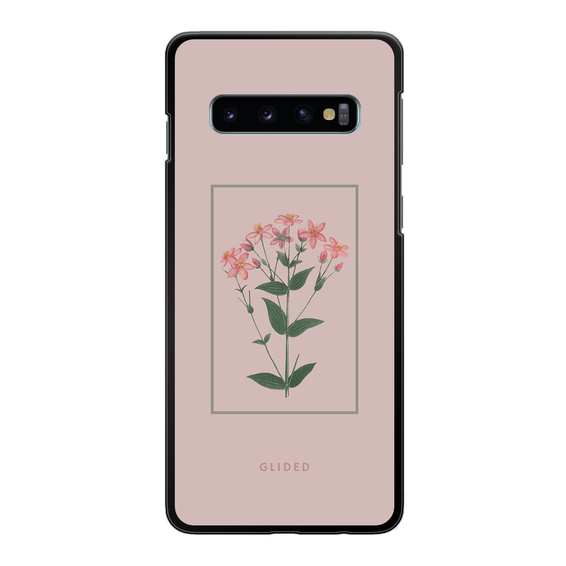 Blossy Samsung Galaxy S10 Handyhülle mit rosafarbenen Blumen auf beigem Hintergrund, stilvoll und schützend.