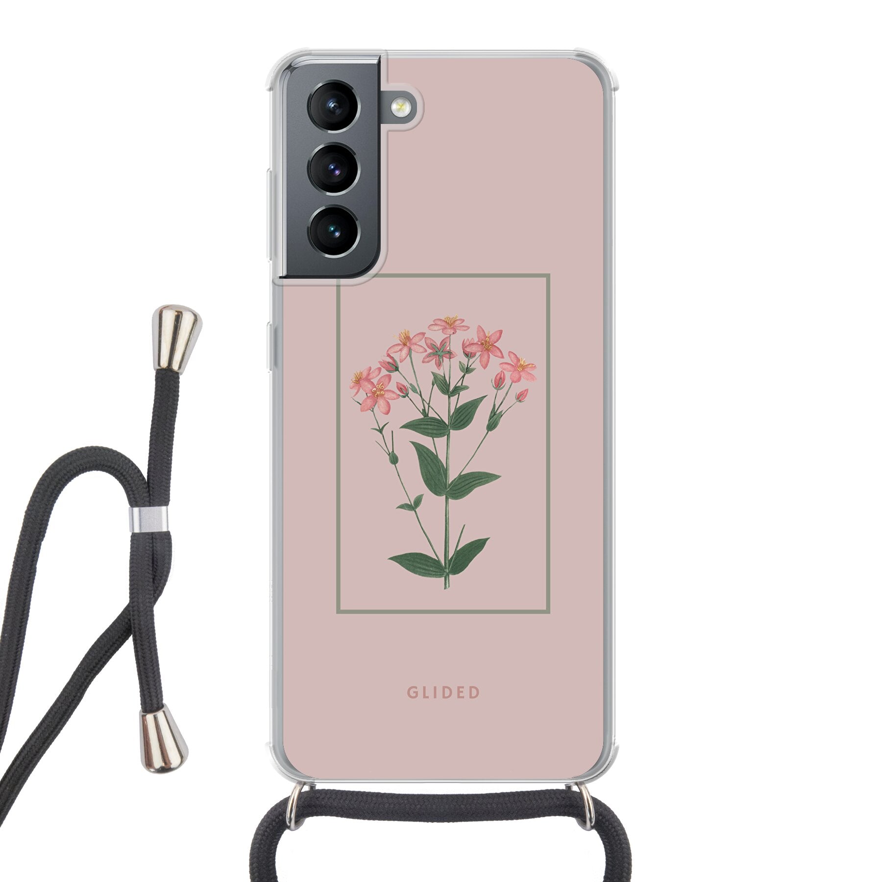 Blossy Samsung Galaxy S21 5G Hülle mit rosafarbenen Blumen auf beigem Hintergrund, stilvoll und schützend.