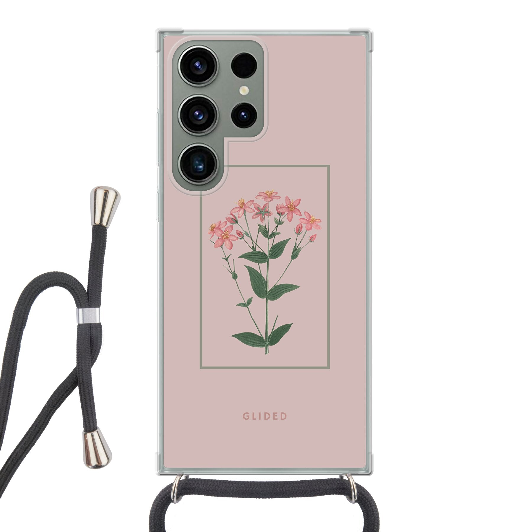 Blossy Samsung Galaxy S23 Ultra Handyhülle mit rosafarbenen Blumen auf beigem Hintergrund, stilvoll und schützend.