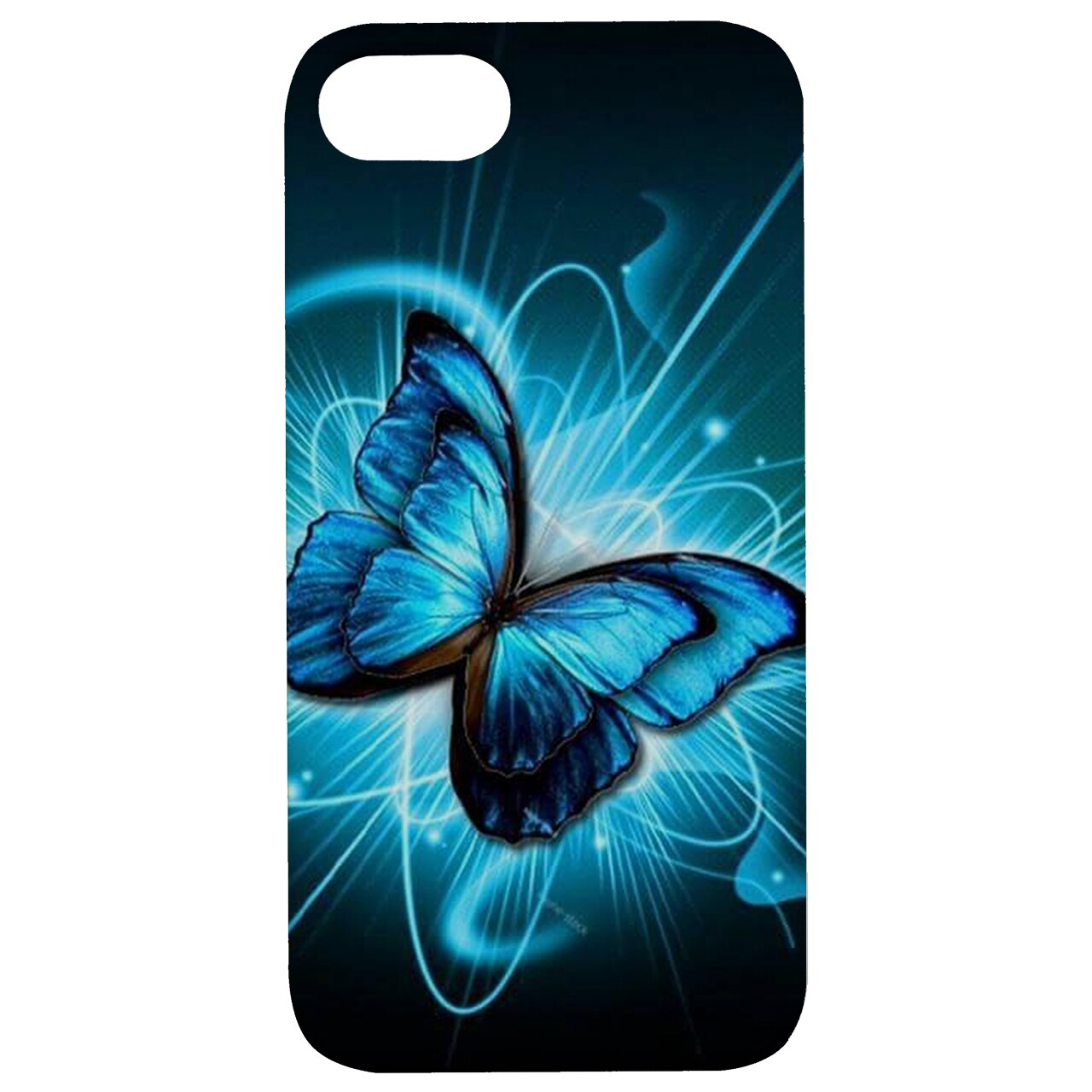 Blue Butterfly UV Color Printed phone case showcasing vibrant butterfly design on natural wood surface with rubber bumper.