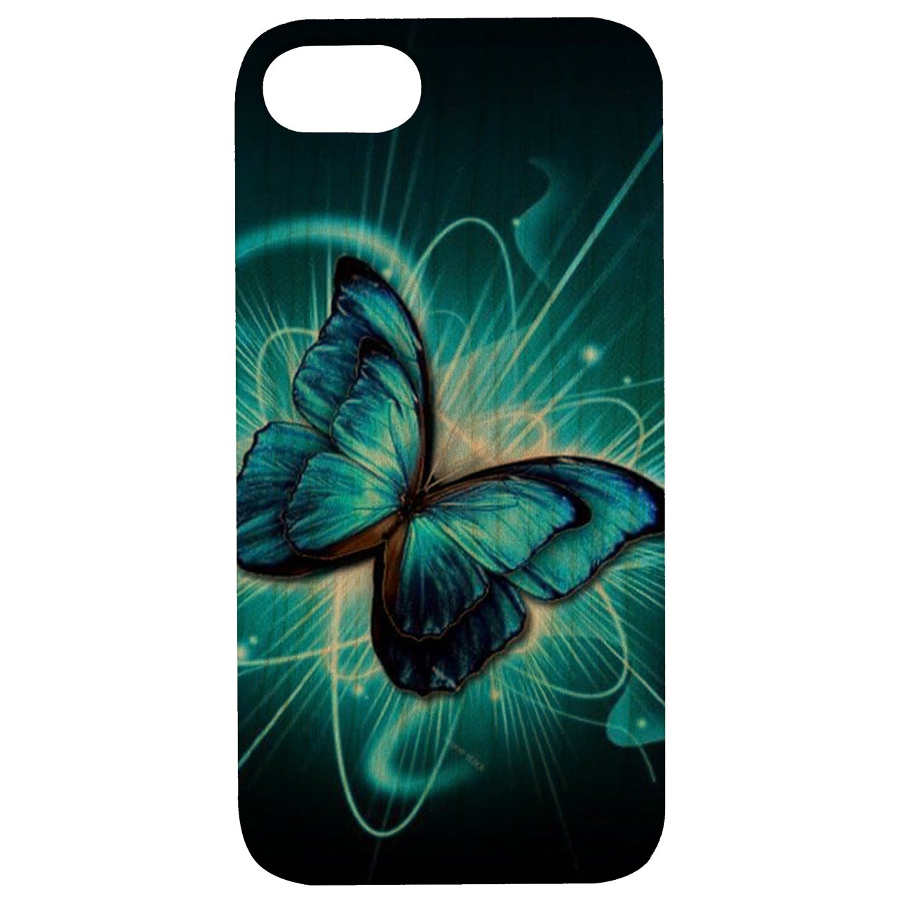 Blue Butterfly UV Color Printed phone case showcasing vibrant butterfly design on natural wood surface with rubber bumper.