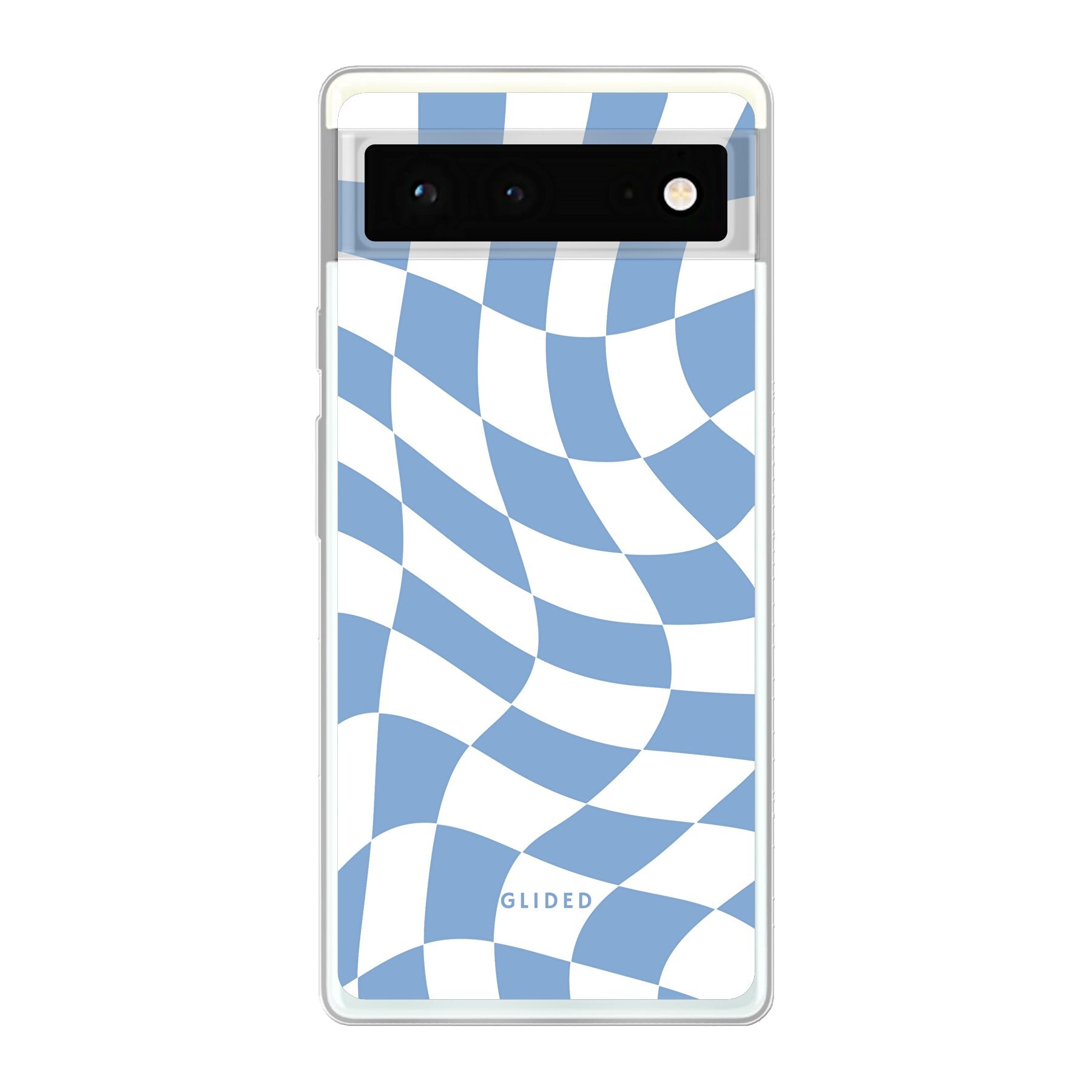 Elegante Blue Chess Handyhülle für Google Pixel 6 mit Schachbrettmuster in verschiedenen Blautönen.