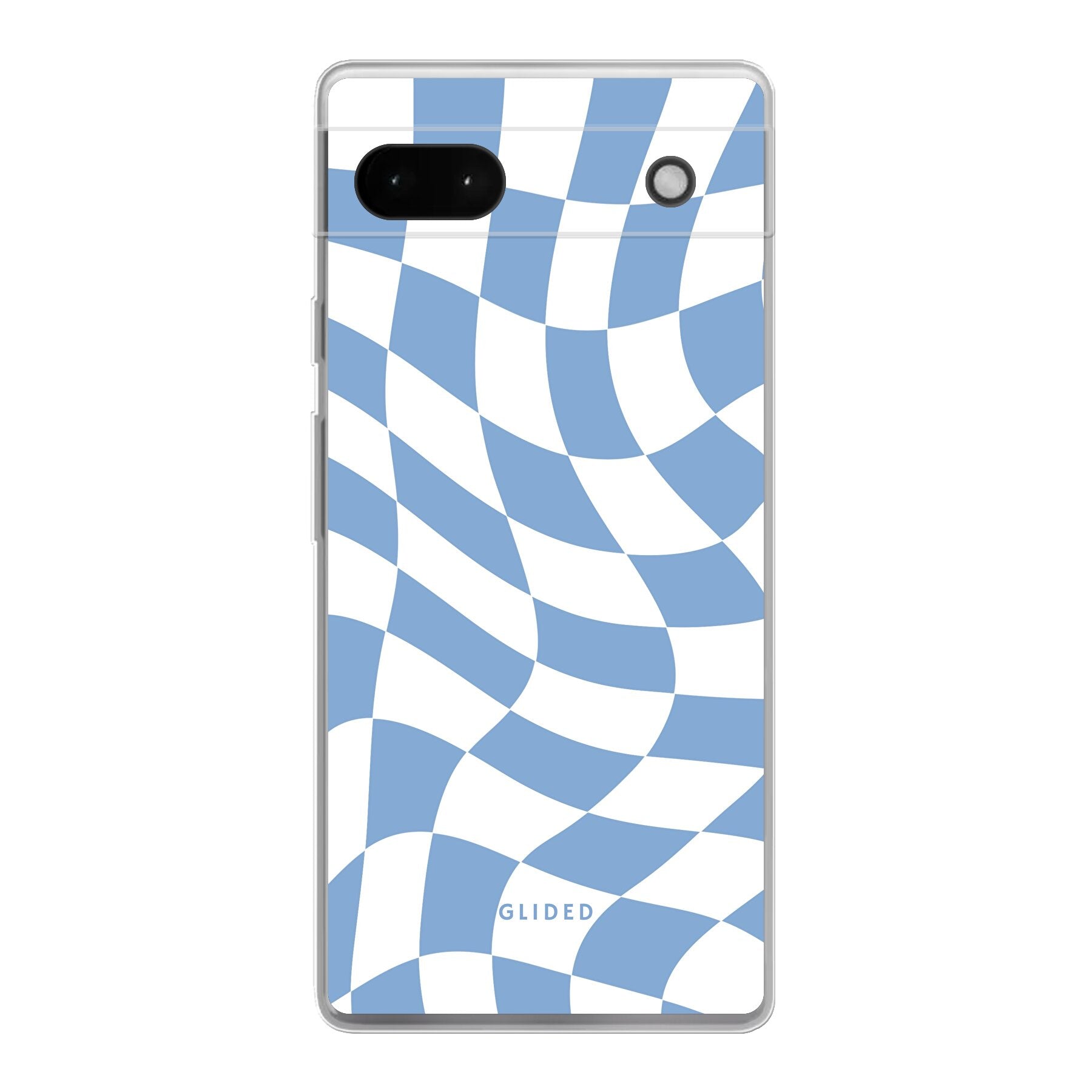Elegante Blue Chess Handyhülle für Google Pixel 6a mit stilvollem Schachbrettmuster in verschiedenen Blautönen.