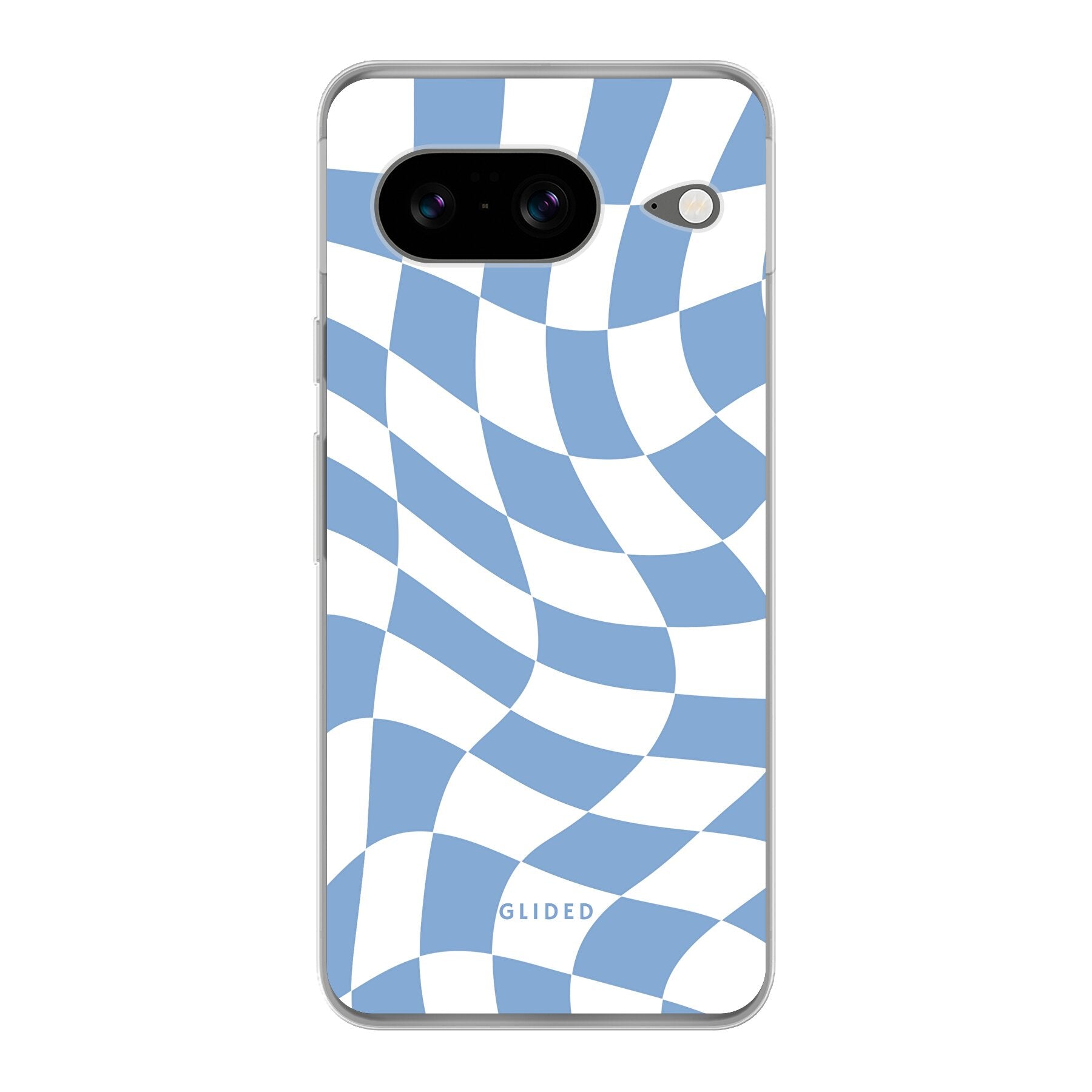 Elegante Blue Chess Handyhülle für Google Pixel 8 mit stilvollem Schachbrettmuster in verschiedenen Blautönen, idealer Schutz und modernes Design.