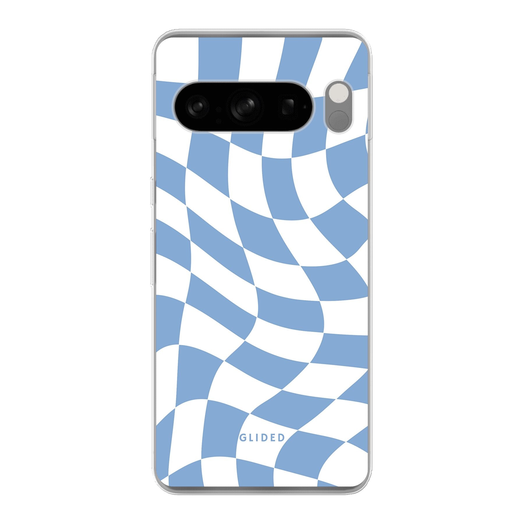 Elegante Blue Chess Handyhülle für Google Pixel 8 Pro mit Schachbrettmuster in verschiedenen Blautönen.