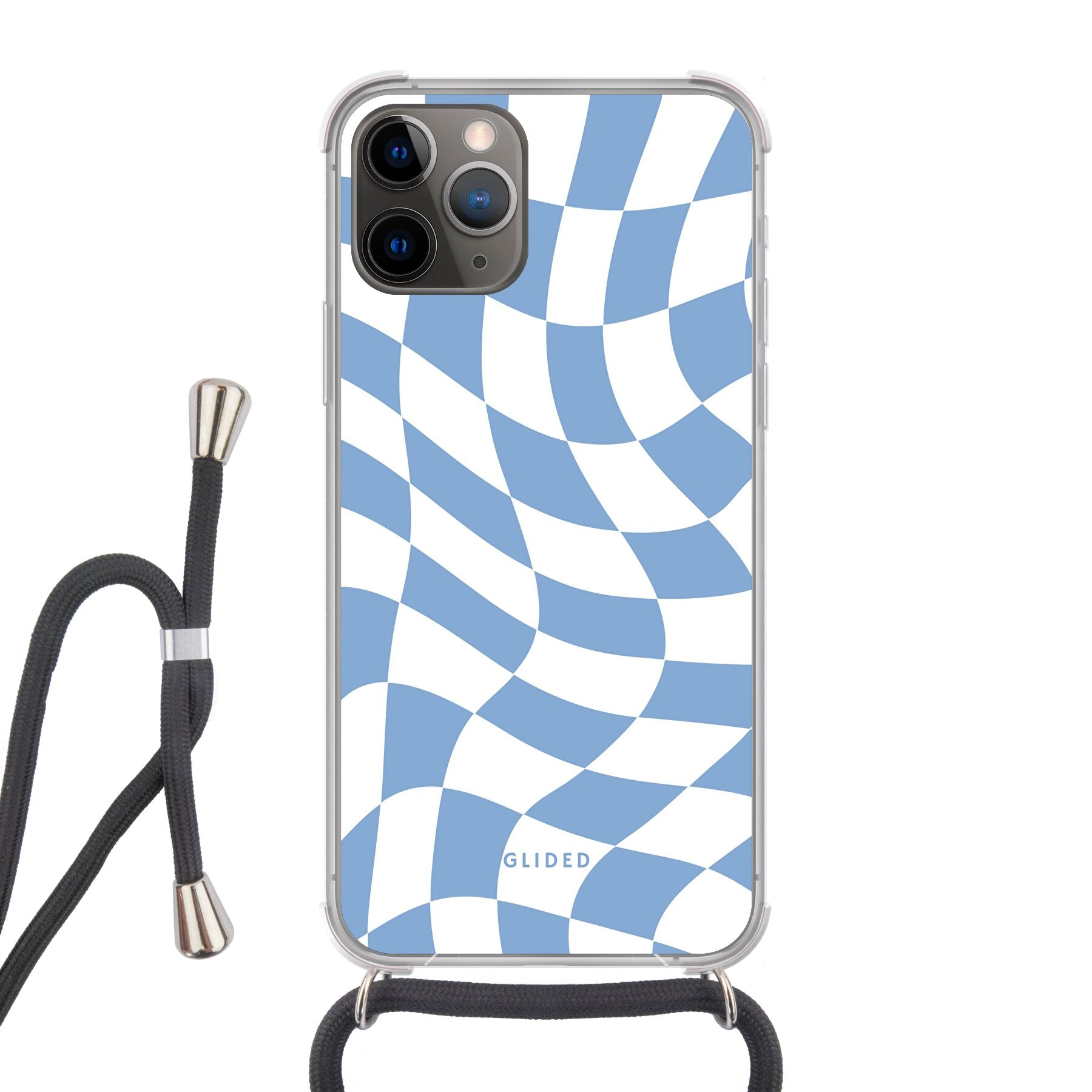 Elegante Blue Chess iPhone 11 Pro Hülle mit Schachbrettmuster in verschiedenen Blautönen, bietet stilvollen Schutz und präzisen Zugriff auf Funktionen.