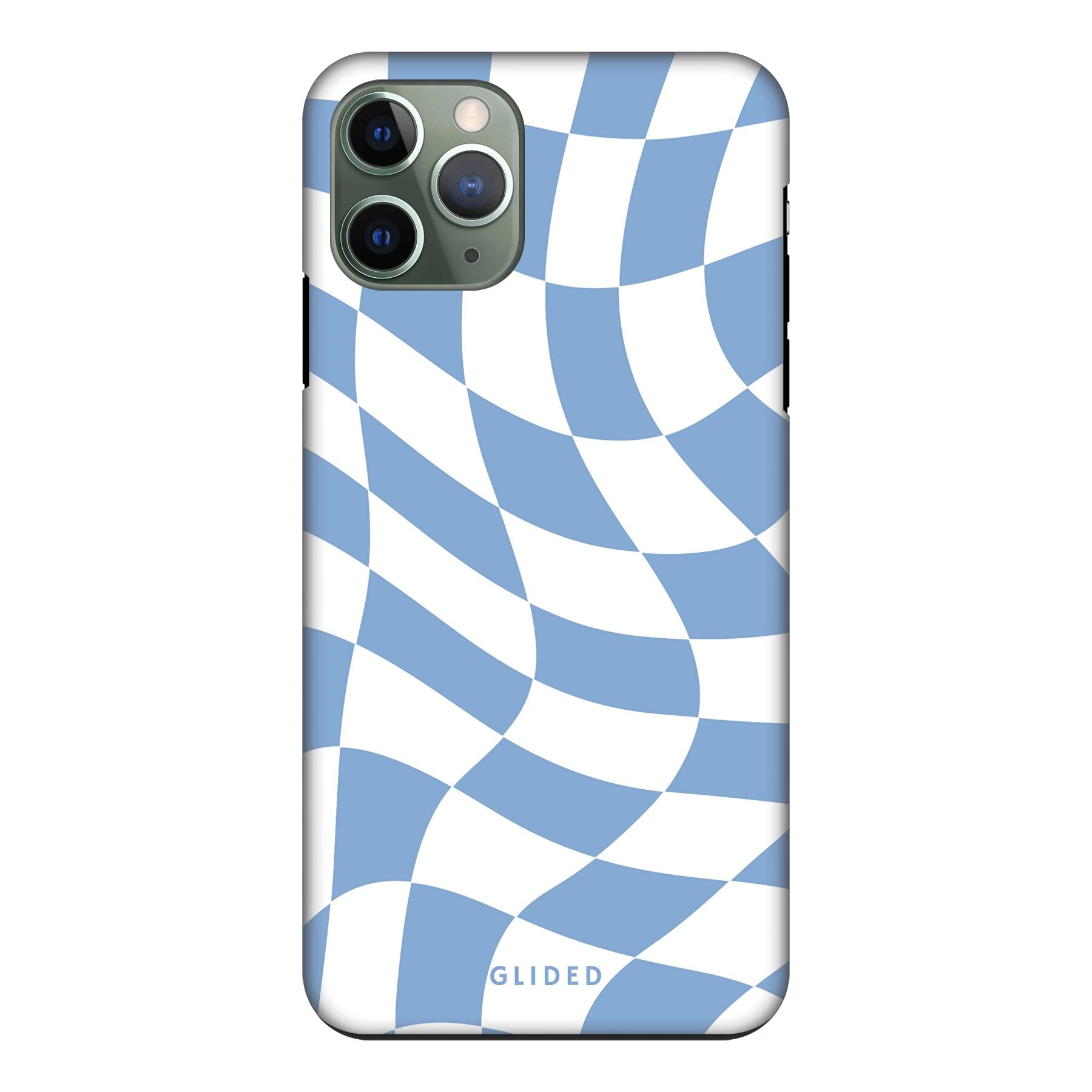 Elegante Blue Chess iPhone 11 Pro Hülle mit Schachbrettmuster in verschiedenen Blautönen, bietet stilvollen Schutz und präzisen Zugriff auf Funktionen.