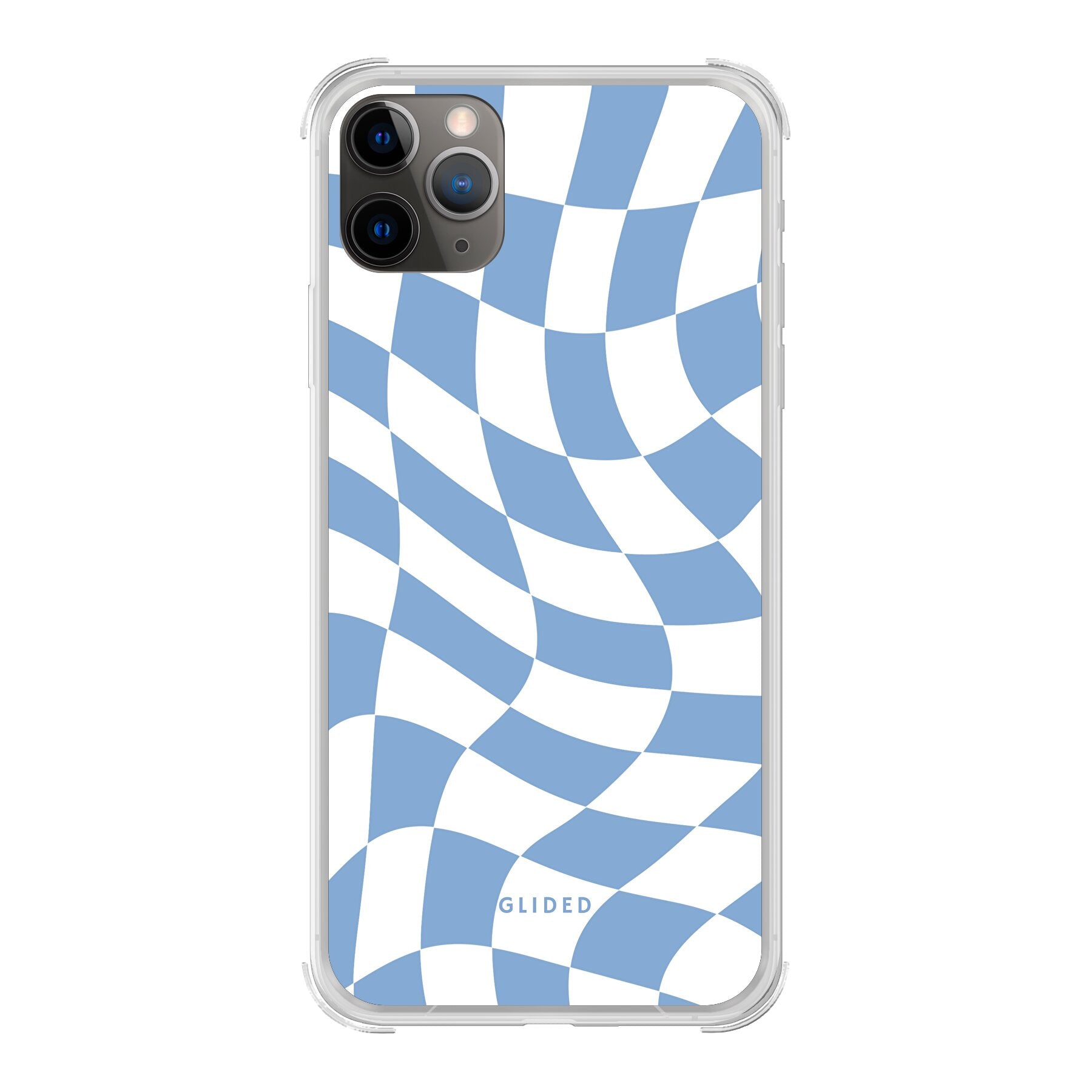 Elegante Blue Chess iPhone 11 Pro Hülle mit Schachbrettmuster in verschiedenen Blautönen, bietet stilvollen Schutz und präzisen Zugriff auf Funktionen.