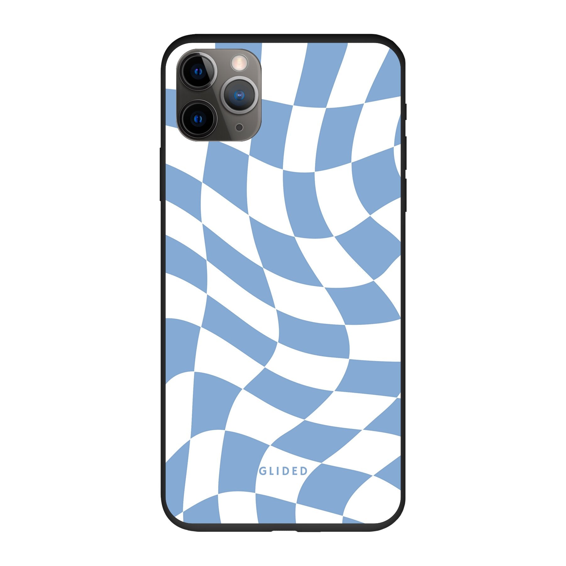 Elegante Blue Chess iPhone 11 Pro Hülle mit Schachbrettmuster in verschiedenen Blautönen, bietet stilvollen Schutz und präzisen Zugriff auf Funktionen.