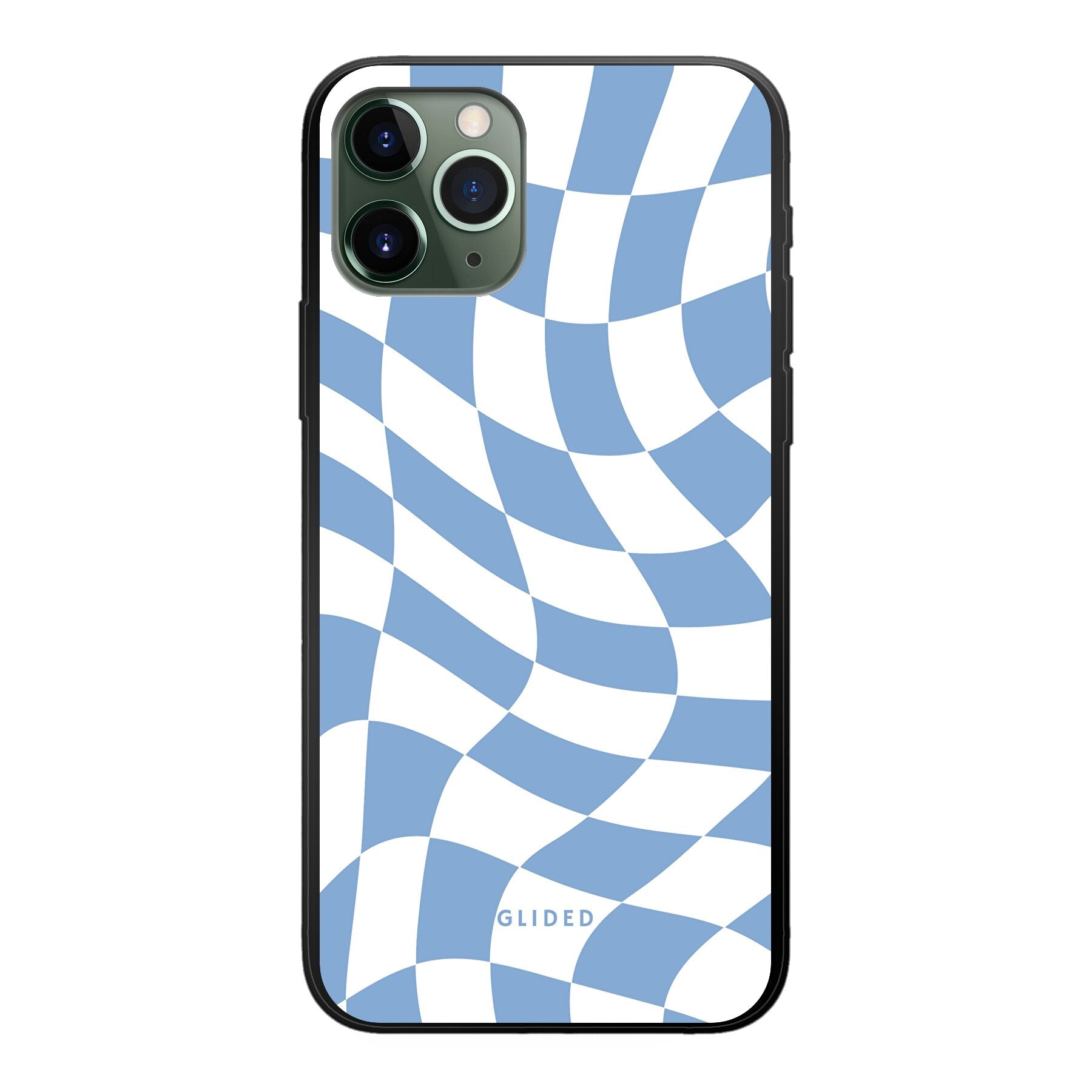 Elegante Blue Chess iPhone 11 Pro Hülle mit Schachbrettmuster in verschiedenen Blautönen, bietet stilvollen Schutz und präzisen Zugriff auf Funktionen.
