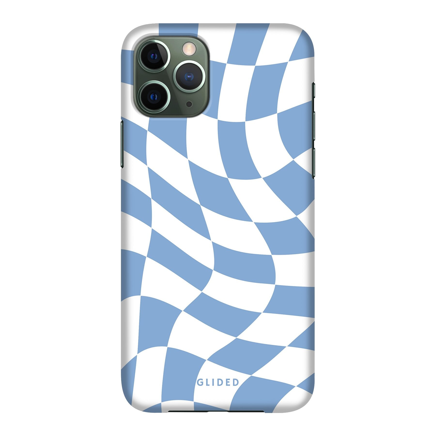 Elegante Blue Chess iPhone 11 Pro Hülle mit Schachbrettmuster in verschiedenen Blautönen, bietet stilvollen Schutz und präzisen Zugriff auf Funktionen.