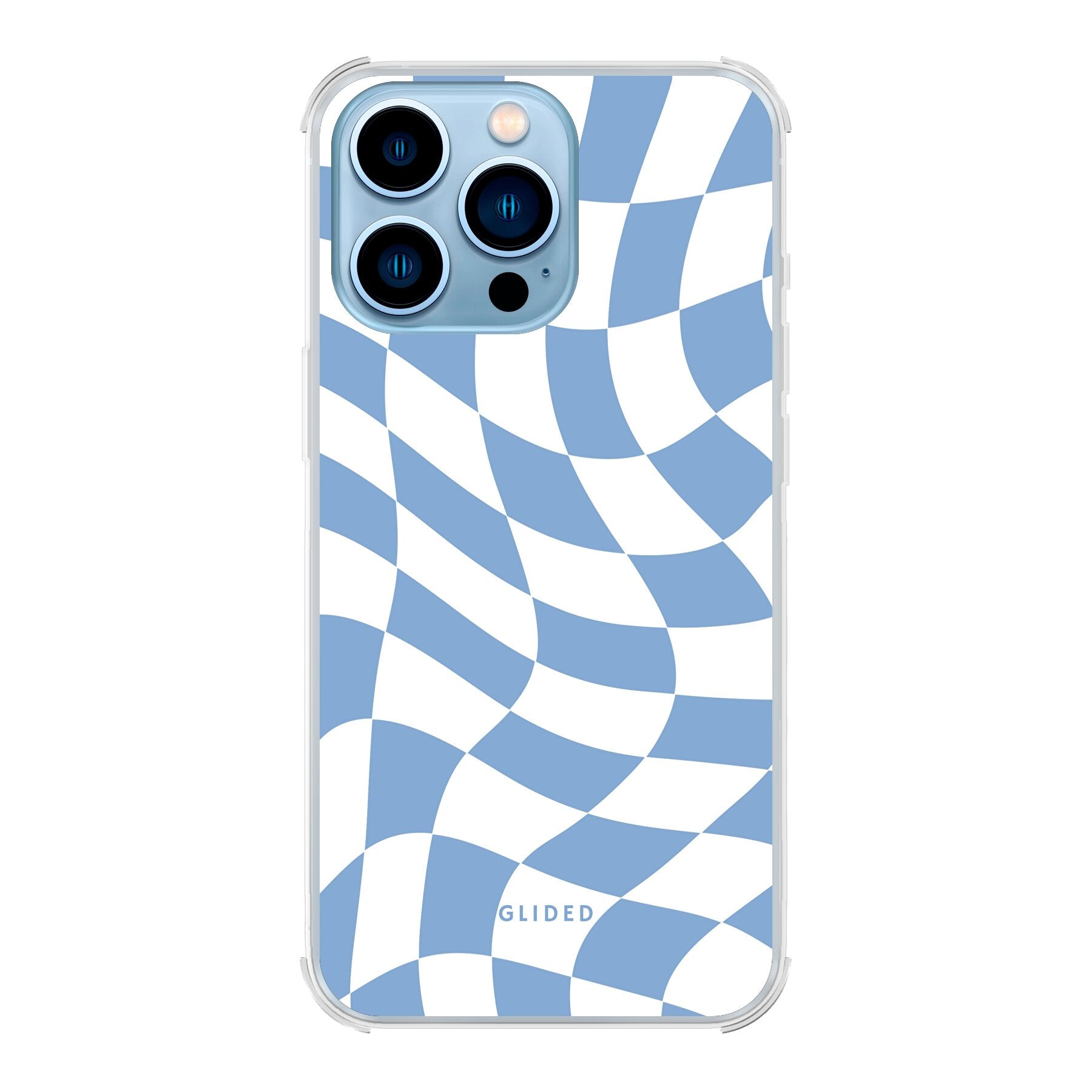 Elegante Blue Chess iPhone 13 Pro Max Hülle mit Schachbrettmuster in verschiedenen Blautönen, idealer Schutz und stilvolles Design.