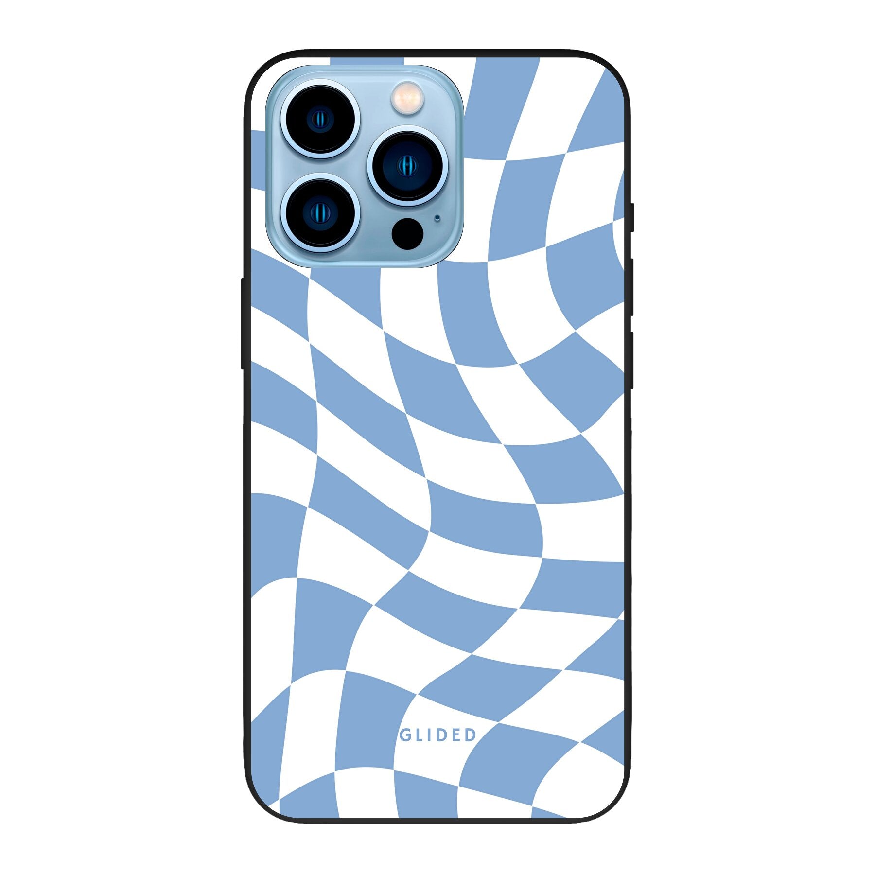 Elegante Blue Chess iPhone 13 Pro Max Hülle mit Schachbrettmuster in verschiedenen Blautönen, idealer Schutz und stilvolles Design.