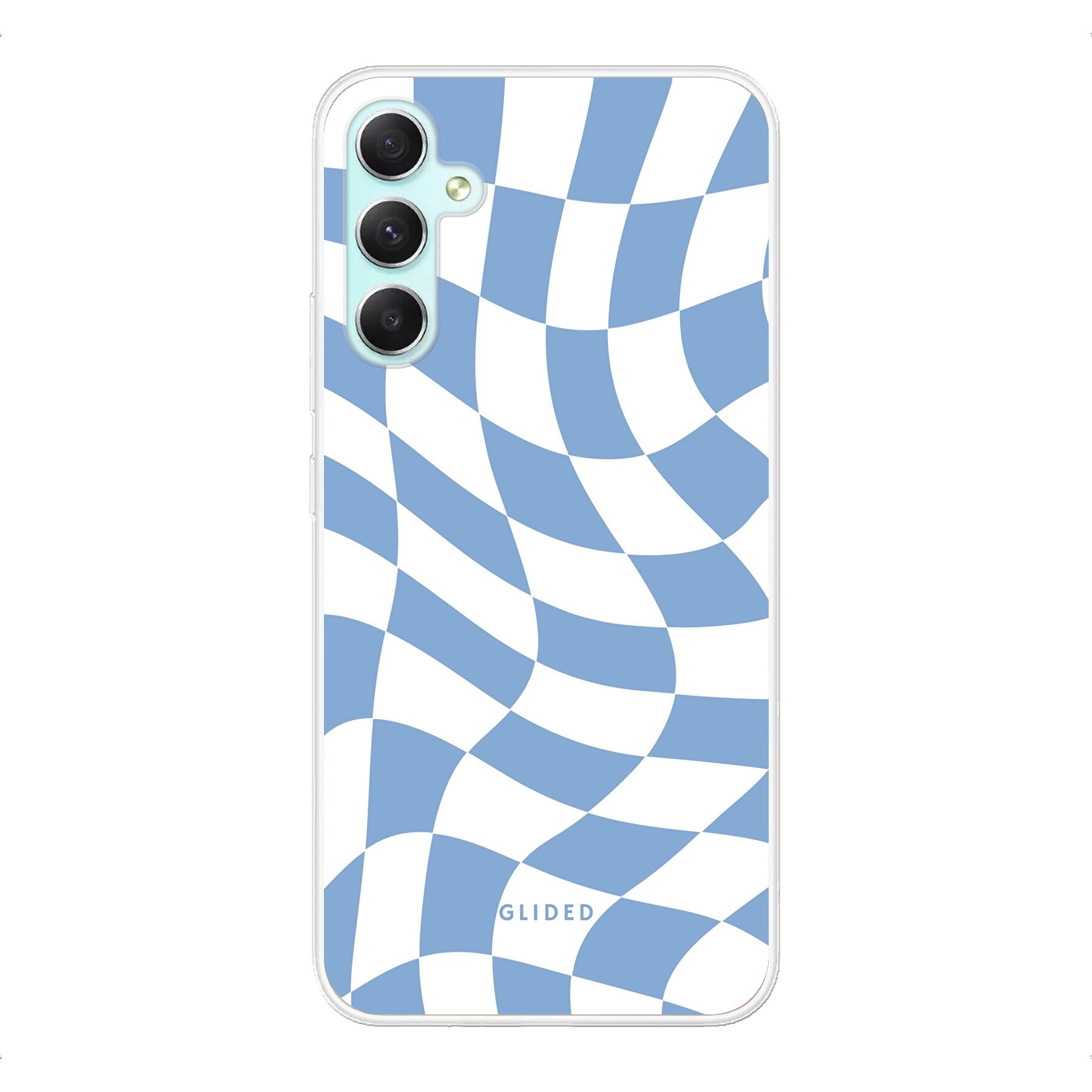 Elegante Blue Chess Handyhülle für Samsung Galaxy A34 mit stilvollem Schachbrettmuster in verschiedenen Blautönen.