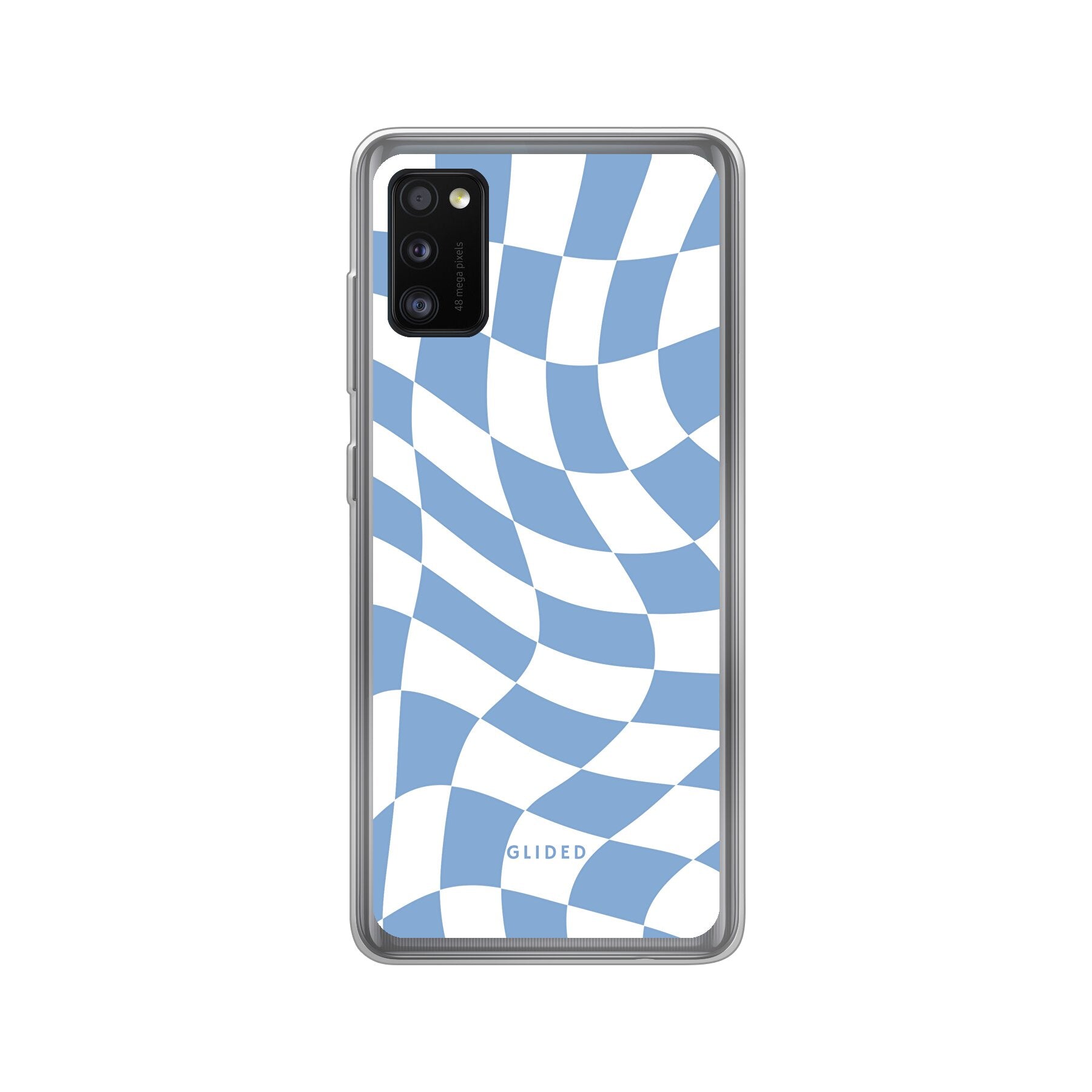 Elegante Blue Chess Handyhülle für Samsung Galaxy A41 mit stilvollem Schachbrettmuster in verschiedenen Blautönen.