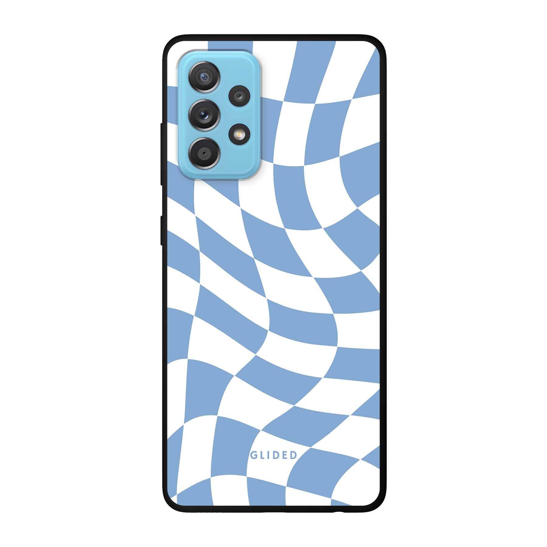 Elegante Blue Chess Handyhülle für Samsung Galaxy A52, A52 5G und A52s 5G mit Schachbrettmuster in verschiedenen Blautönen.