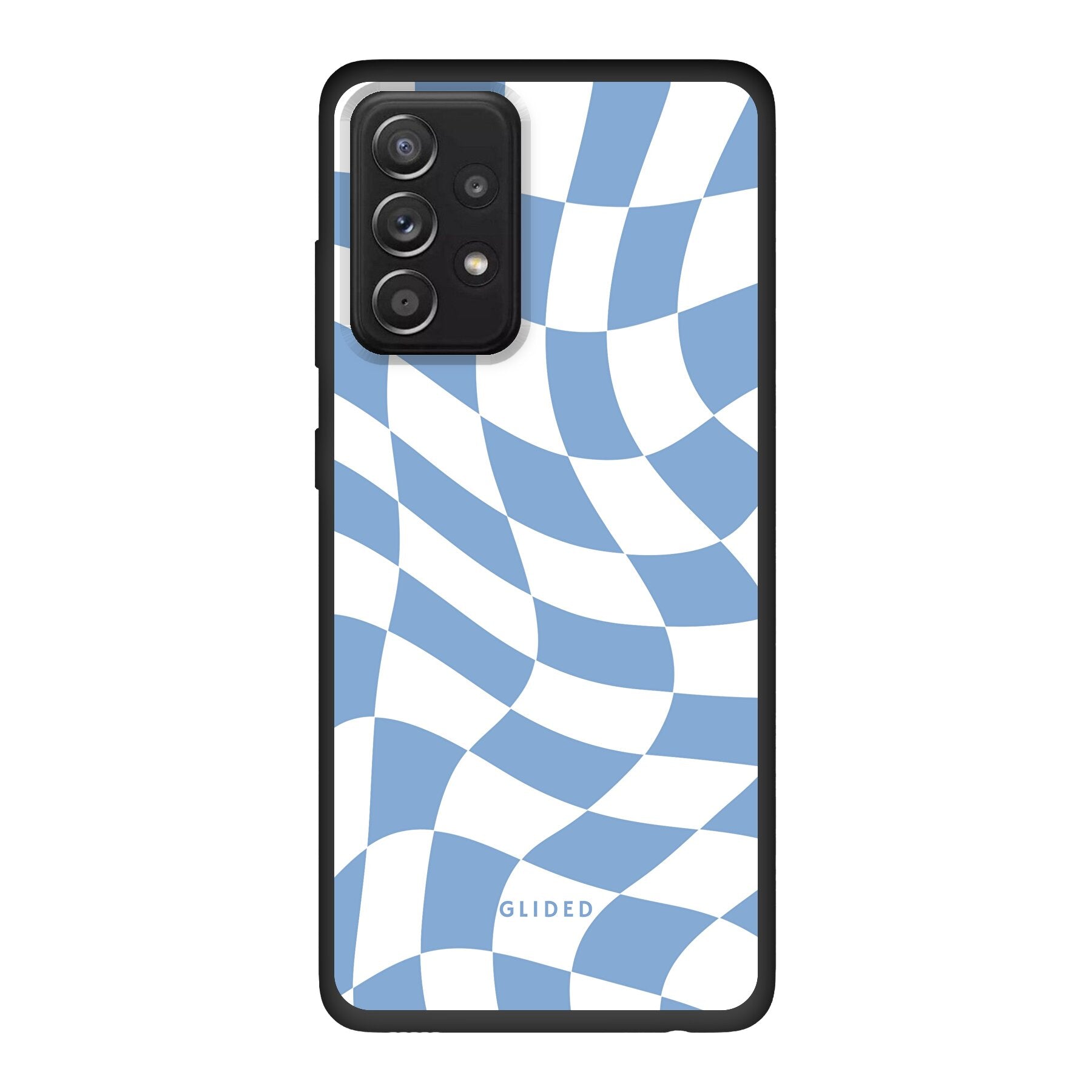 Elegante Blue Chess Handyhülle für Samsung Galaxy A52, A52 5G und A52s 5G mit Schachbrettmuster in verschiedenen Blautönen.