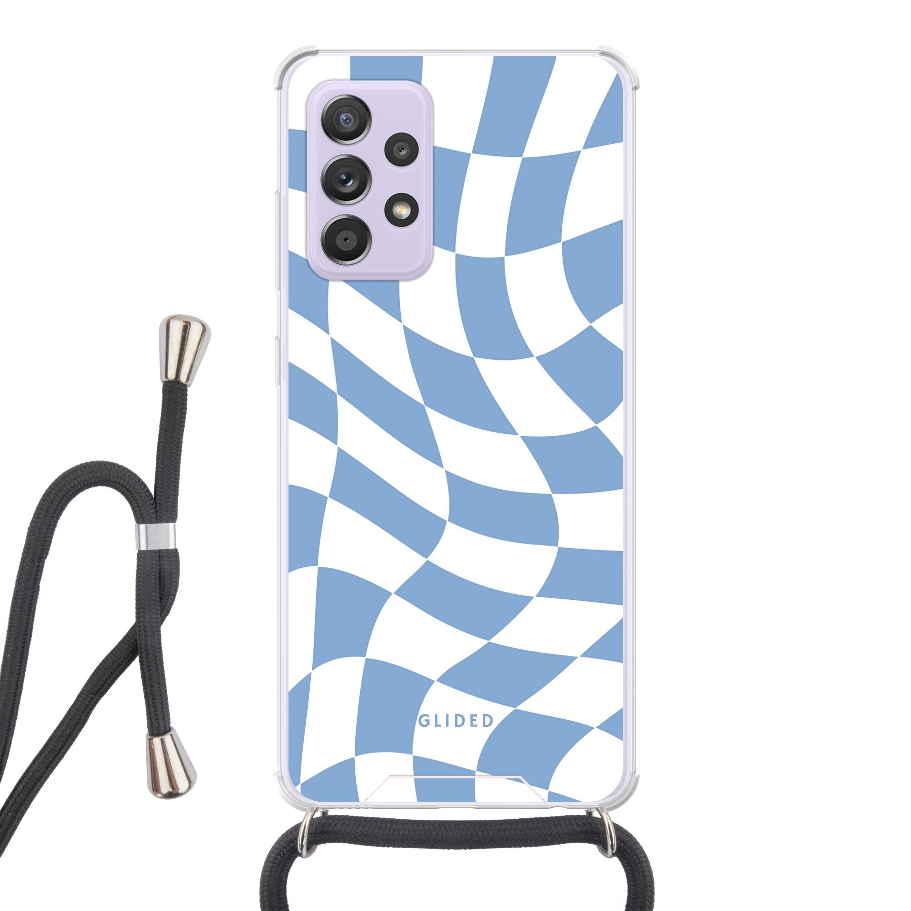 Elegante Blue Chess Handyhülle für Samsung Galaxy A52, A52 5G und A52s 5G mit Schachbrettmuster in verschiedenen Blautönen.