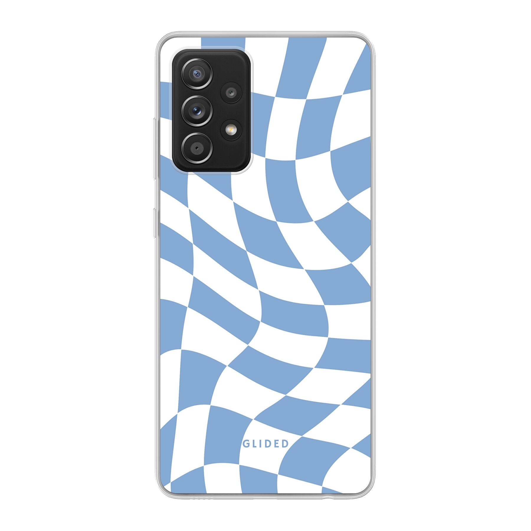 Elegante Blue Chess Handyhülle für Samsung Galaxy A52, A52 5G und A52s 5G mit Schachbrettmuster in verschiedenen Blautönen.