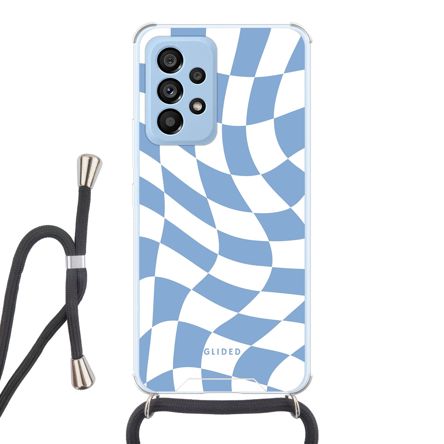 Elegante Blue Chess Hülle für Samsung Galaxy A53 5G mit Schachbrettmuster in verschiedenen Blautönen, bietet stilvollen Schutz.