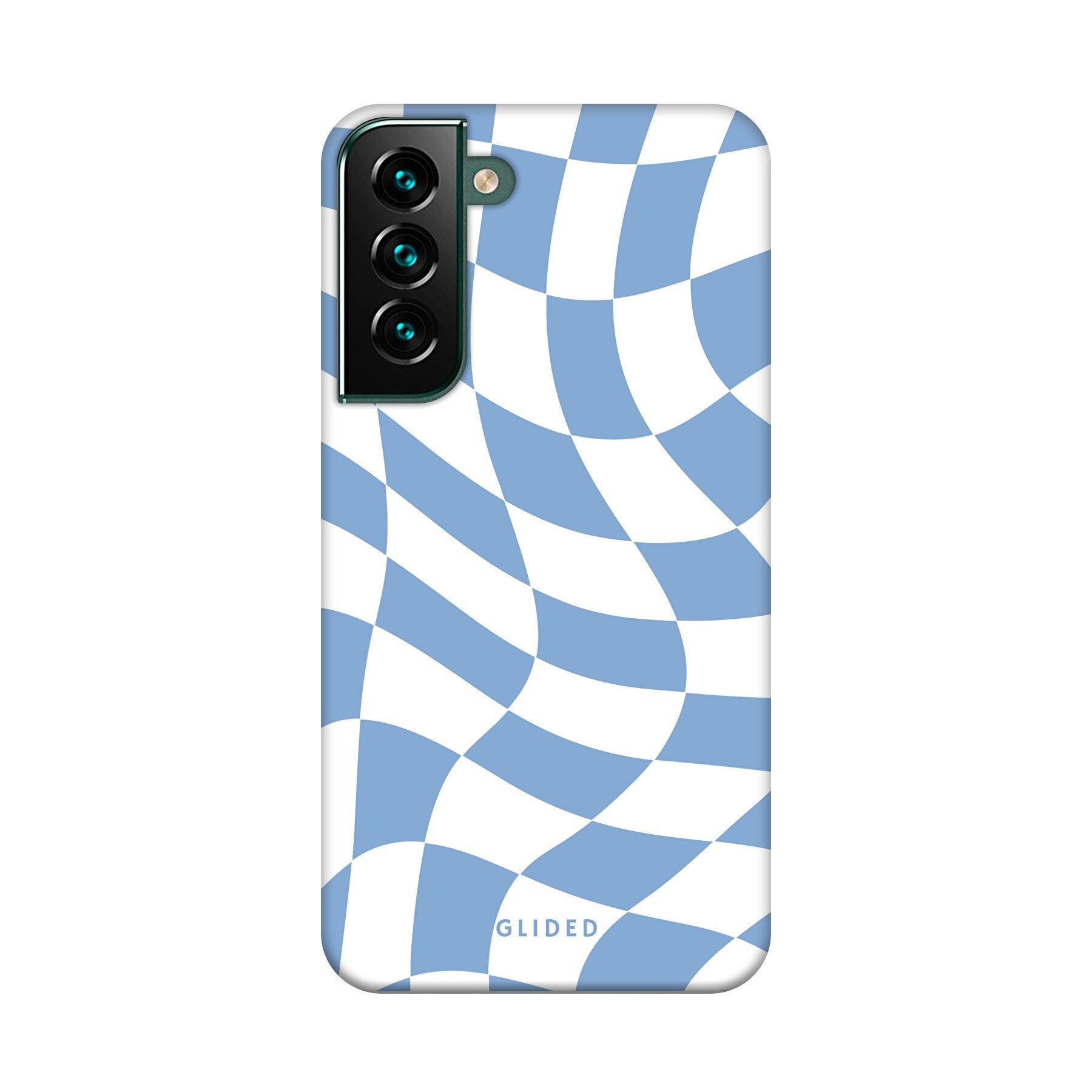 Elegante Blue Chess Handyhülle für Samsung Galaxy S22 Plus mit stilvollem Schachbrettmuster in verschiedenen Blautönen.
