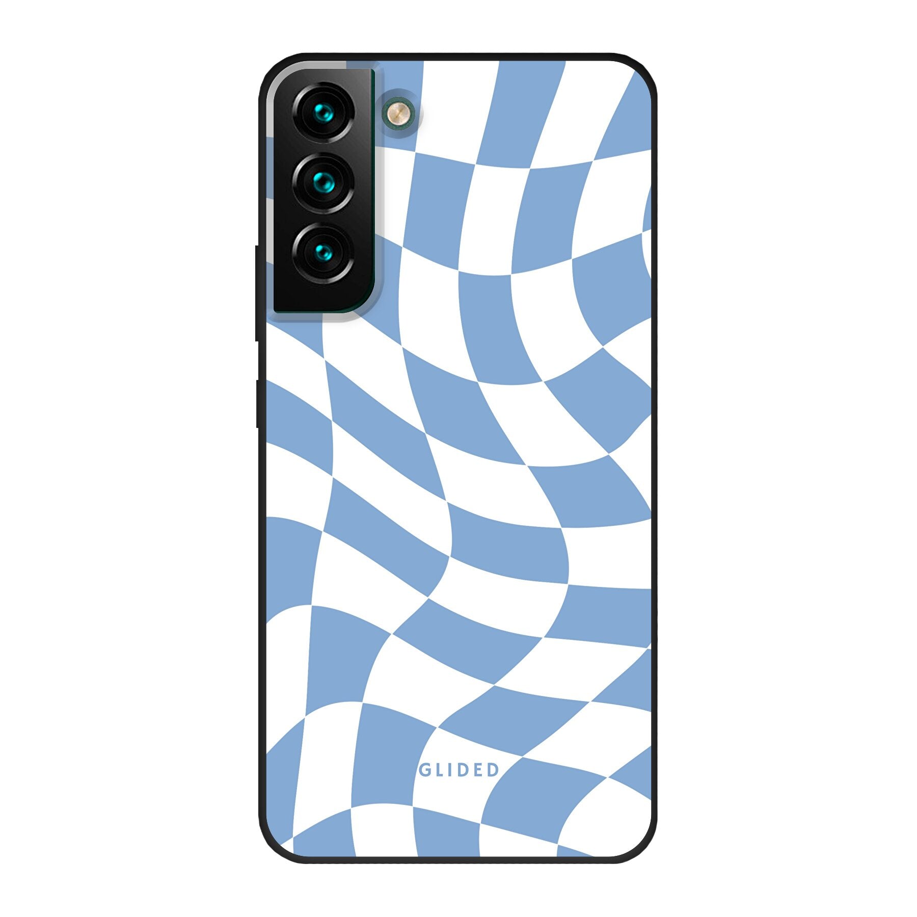 Elegante Blue Chess Handyhülle für Samsung Galaxy S22 Plus mit stilvollem Schachbrettmuster in verschiedenen Blautönen.