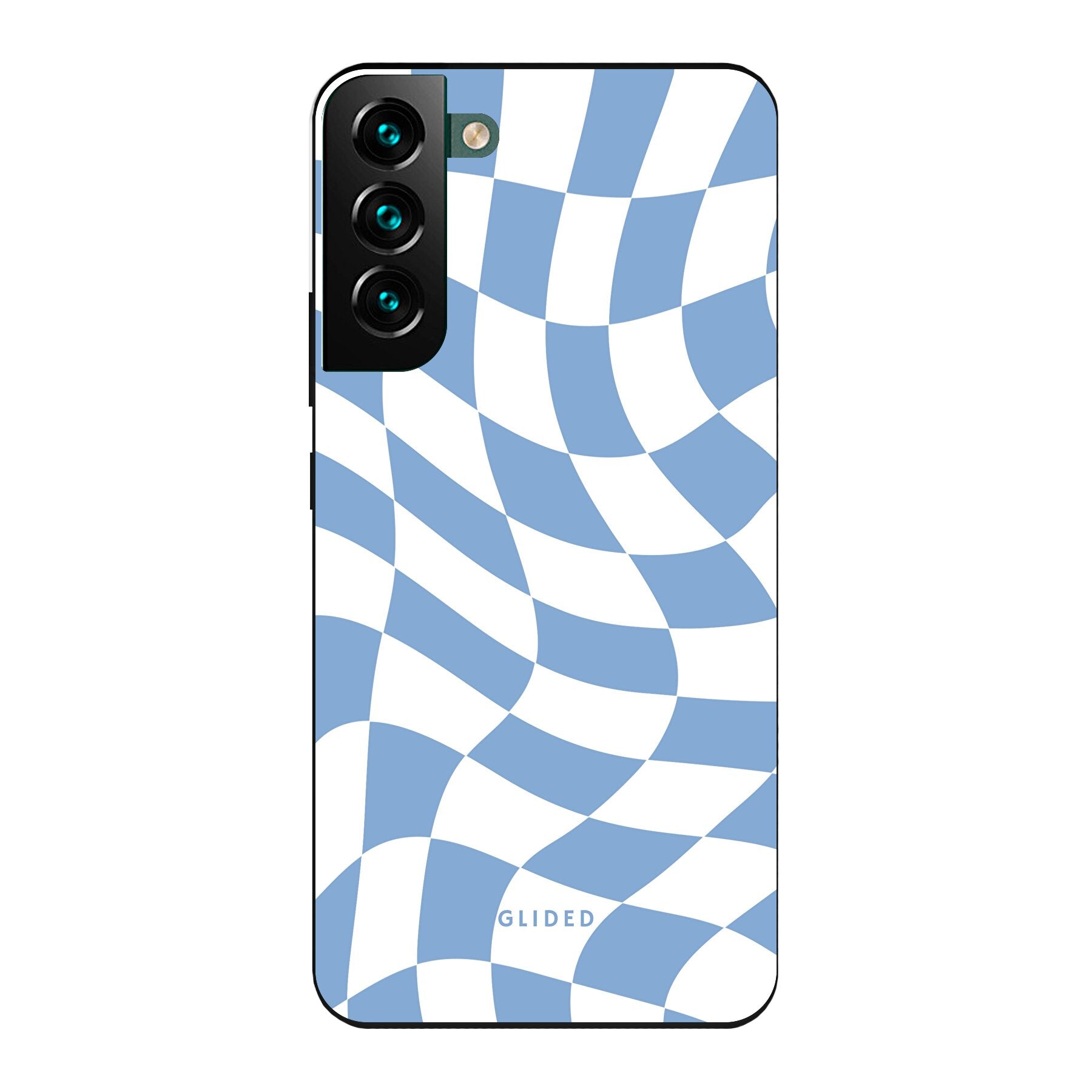 Elegante Blue Chess Handyhülle für Samsung Galaxy S22 Plus mit stilvollem Schachbrettmuster in verschiedenen Blautönen.