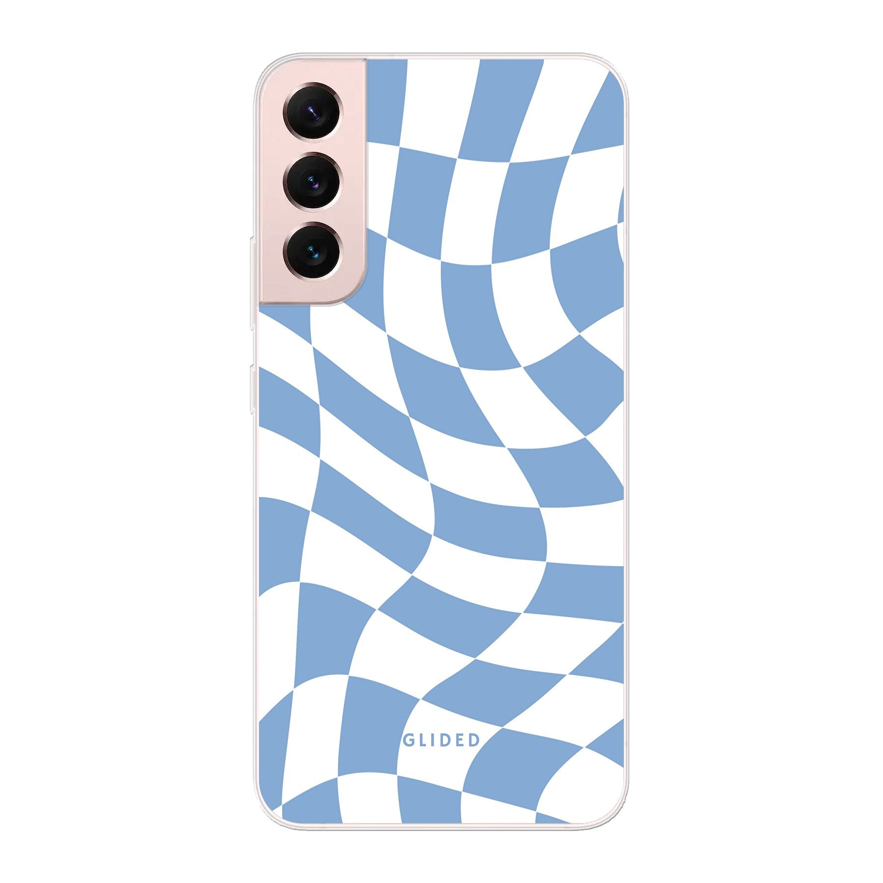 Elegante Blue Chess Handyhülle für Samsung Galaxy S22 Plus mit stilvollem Schachbrettmuster in verschiedenen Blautönen.