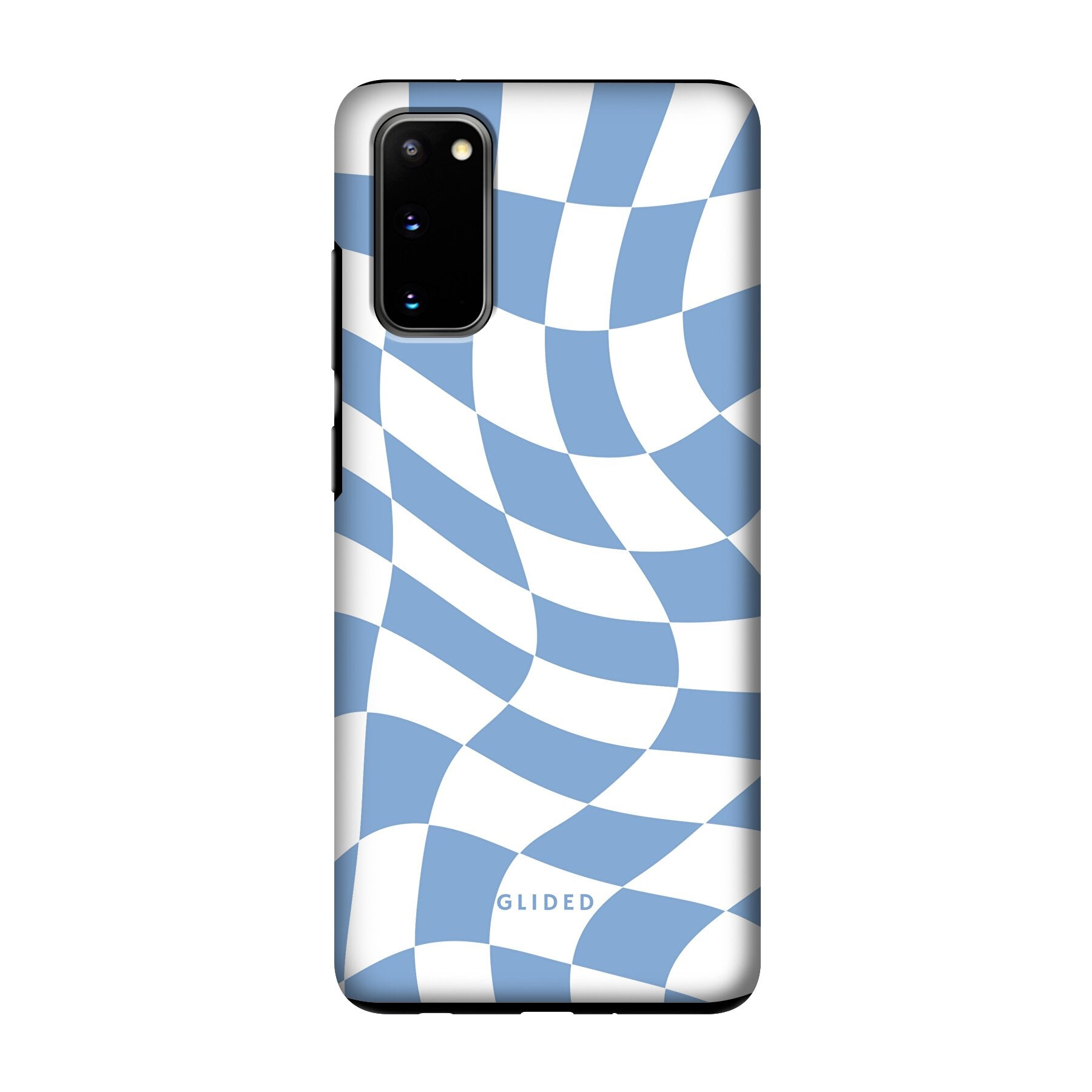 Elegante Blue Chess Handyhülle für Samsung Galaxy S20/S20 5G mit Schachbrettmuster in verschiedenen Blautönen.