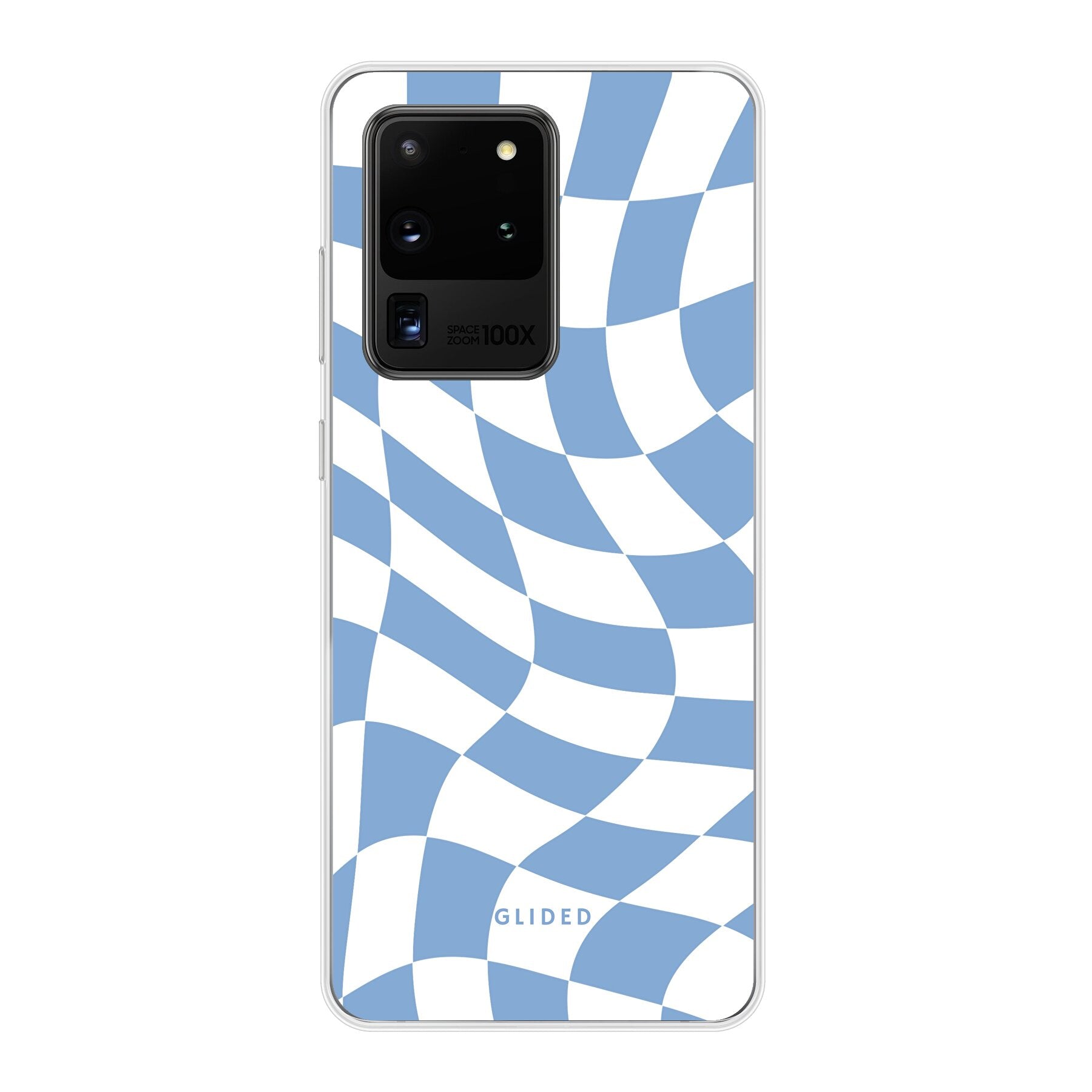 Elegante Blue Chess Handyhülle für Samsung Galaxy S20/S20 5G mit Schachbrettmuster in verschiedenen Blautönen.