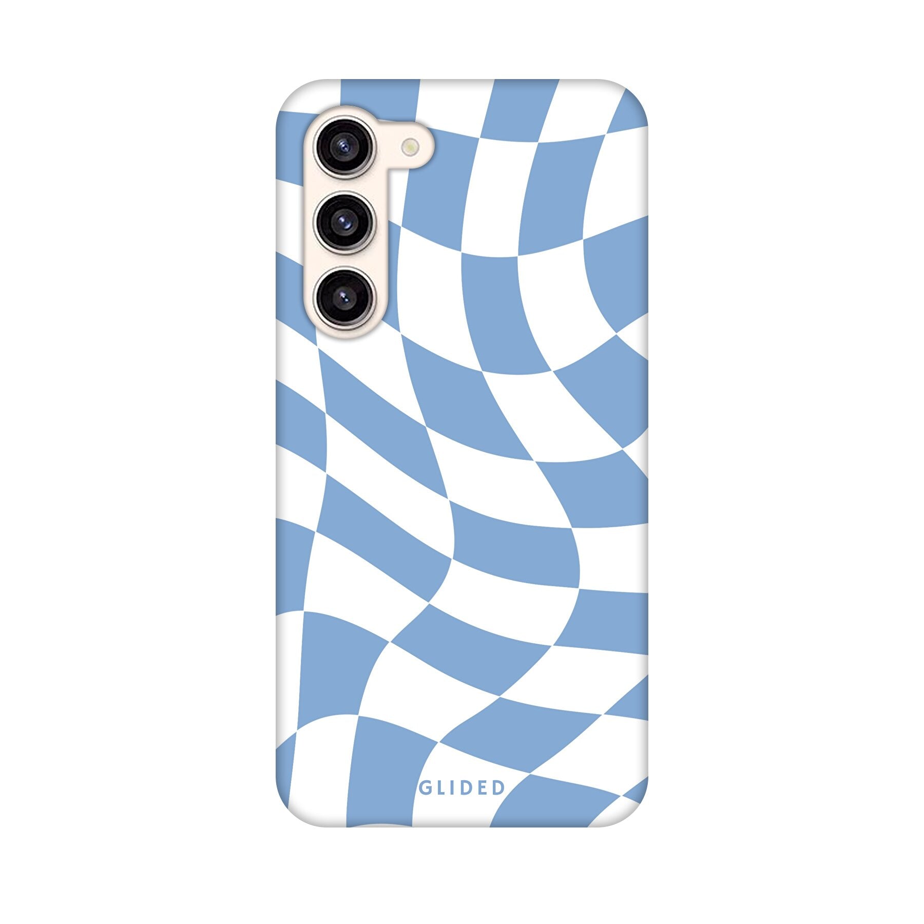 Elegante Blue Chess Handyhülle für Samsung Galaxy S24 Plus mit Schachbrettmuster in verschiedenen Blautönen.