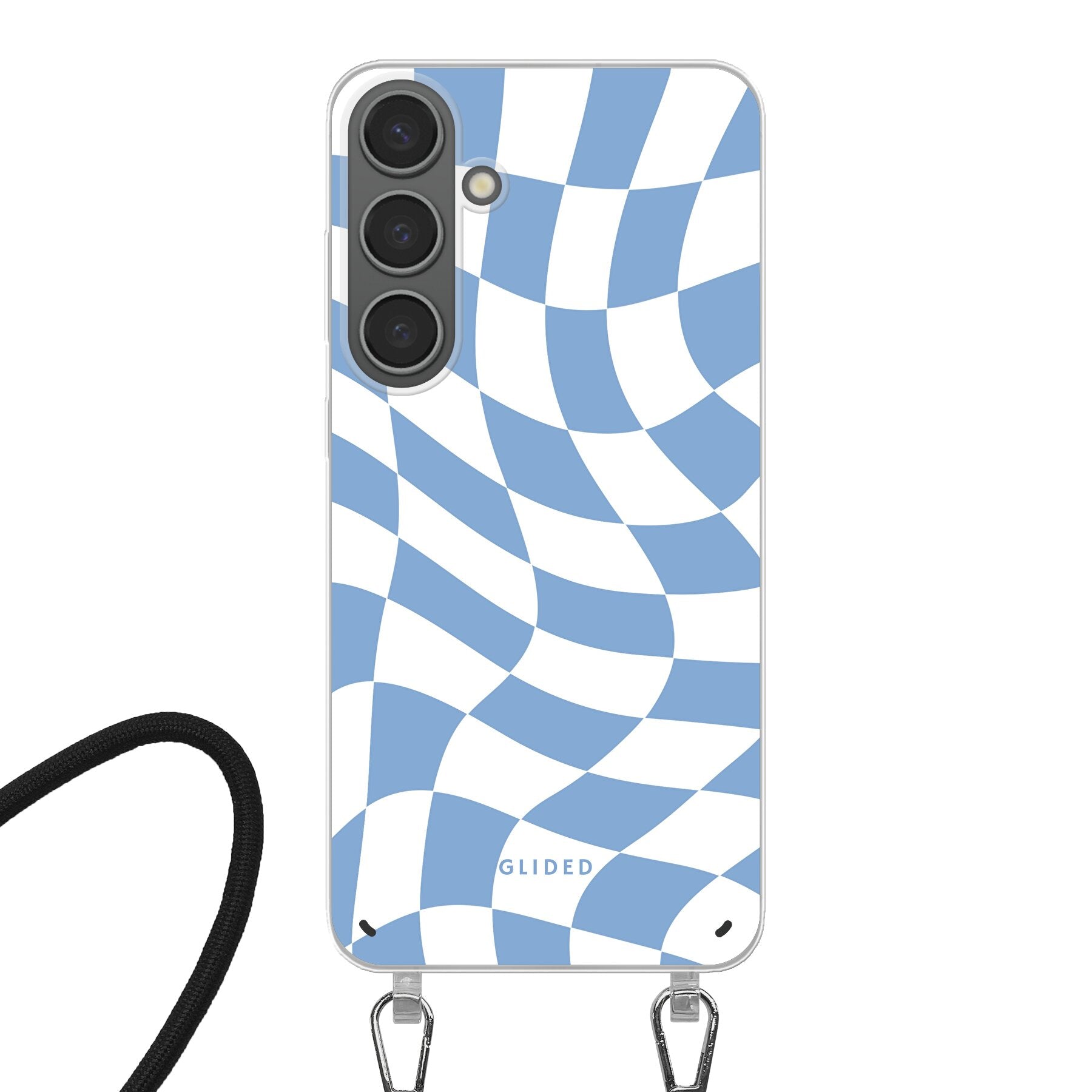 Elegante Blue Chess Handyhülle für Samsung Galaxy S24 Plus mit Schachbrettmuster in verschiedenen Blautönen.