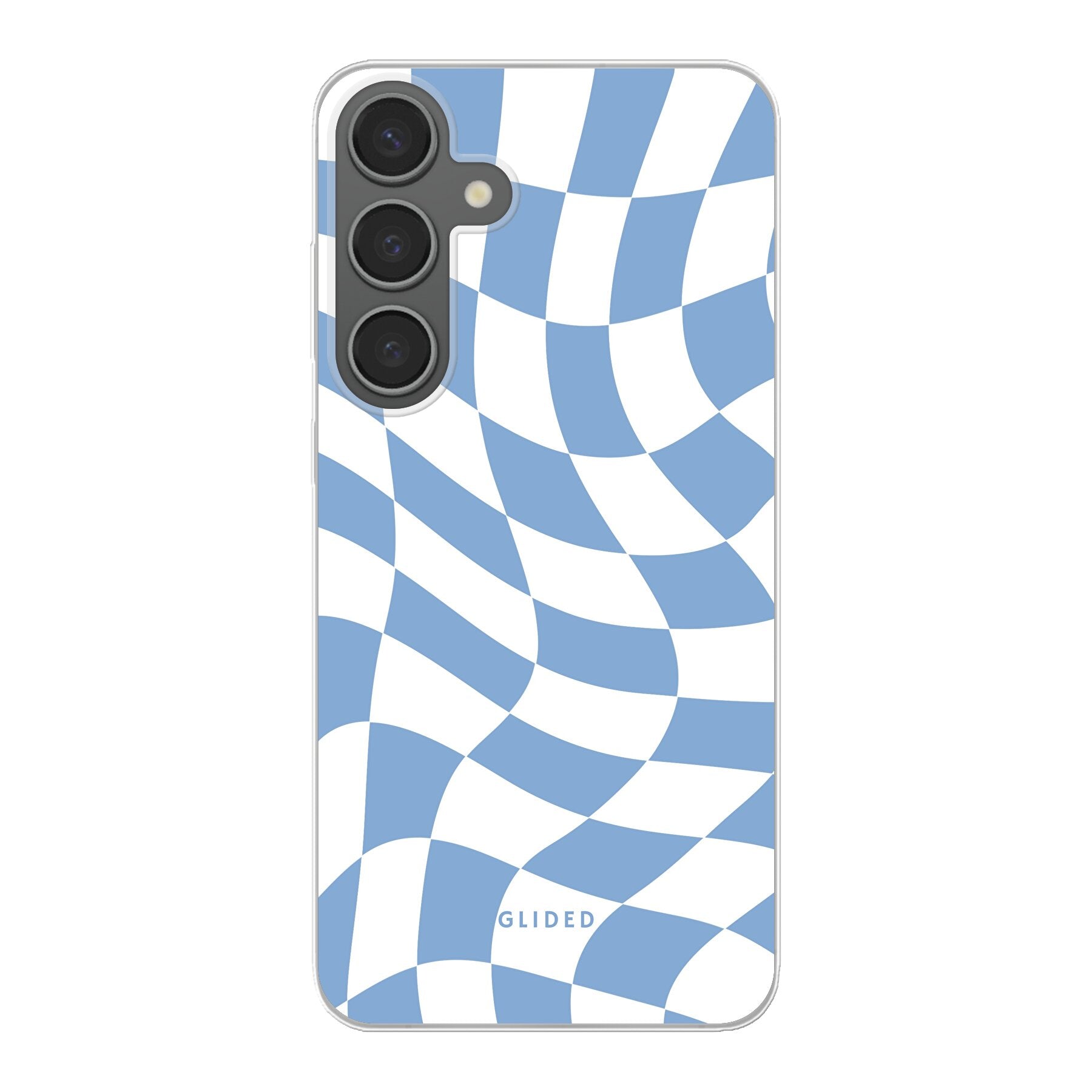 Elegante Blue Chess Handyhülle für Samsung Galaxy S24 Plus mit Schachbrettmuster in verschiedenen Blautönen.