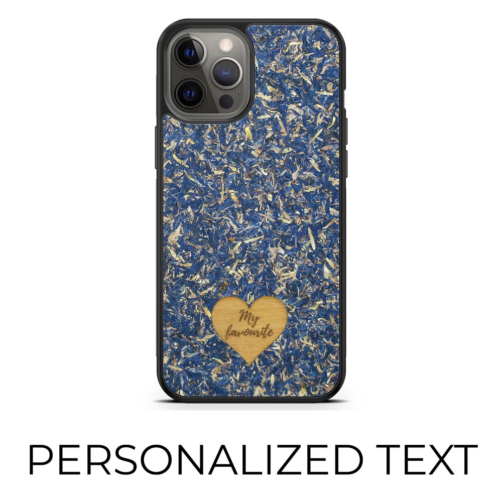 Personalized Blue Cornflower phone case featuring a wooden heart engraving with custom text.