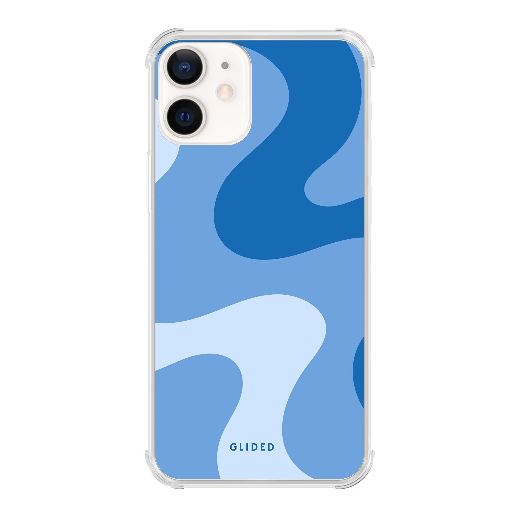 Blue Wave Handyhülle für iPhone 12 mit abstraktem blauem Wellenmuster, bietet stilvollen Schutz und präzise Aussparungen.