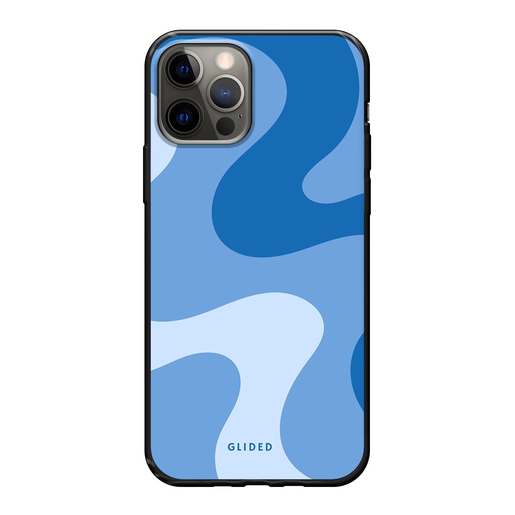 Blue Wave Handyhülle für iPhone 12 mit abstraktem blauem Wellenmuster, bietet stilvollen Schutz und präzise Aussparungen.