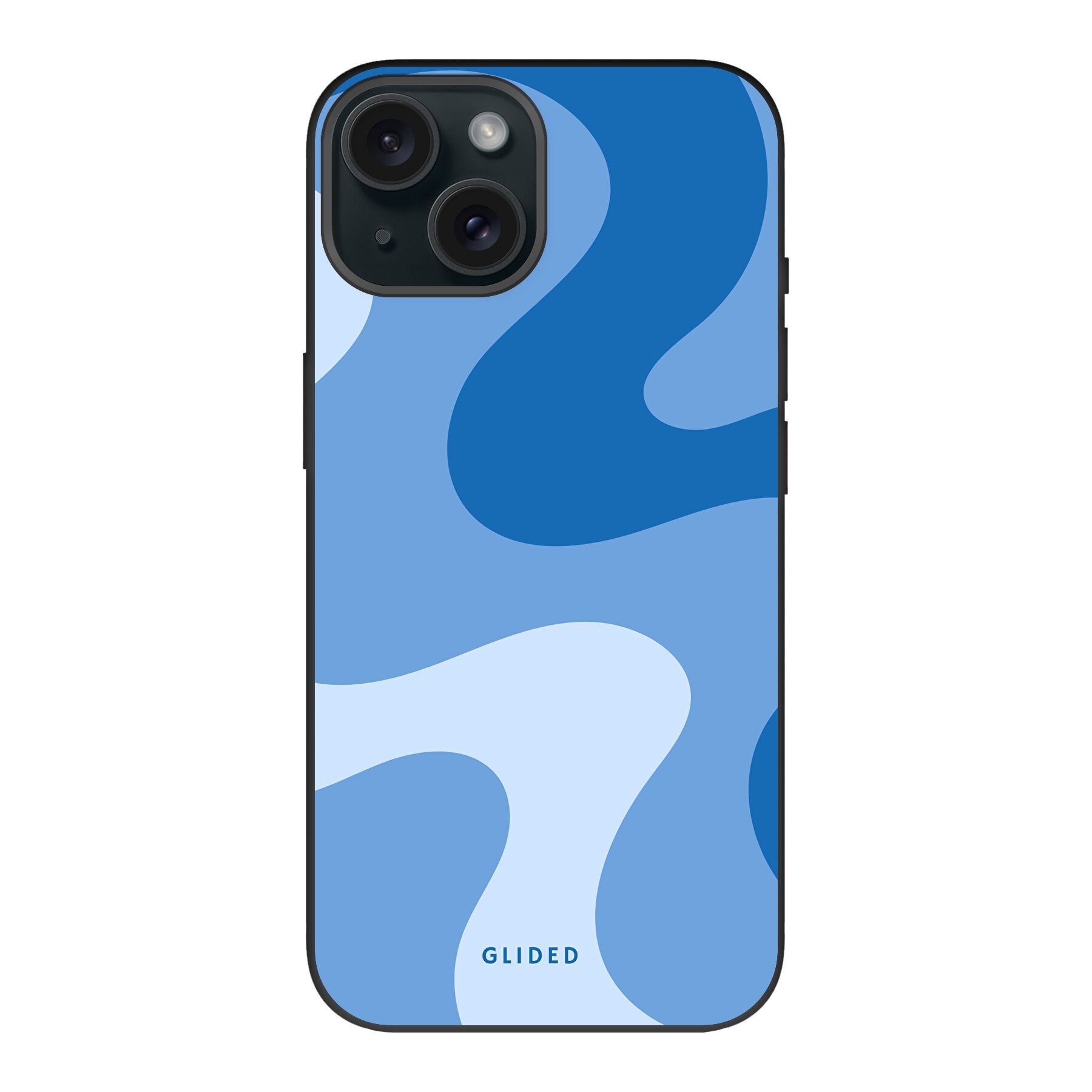 Blue Wave iPhone 15 Handyhülle mit abstraktem blauen Wellen-Design, bietet Schutz und Stil.