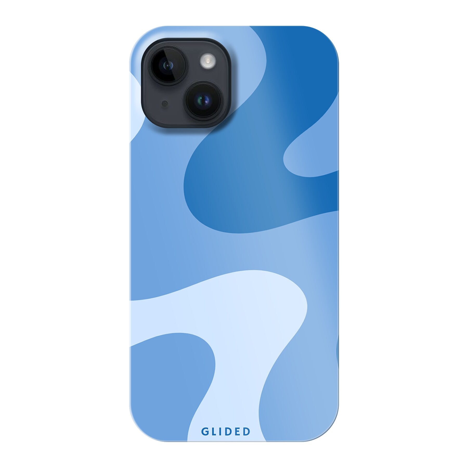 Blue Wave iPhone 15 Handyhülle mit abstraktem blauen Wellen-Design, bietet Schutz und Stil.